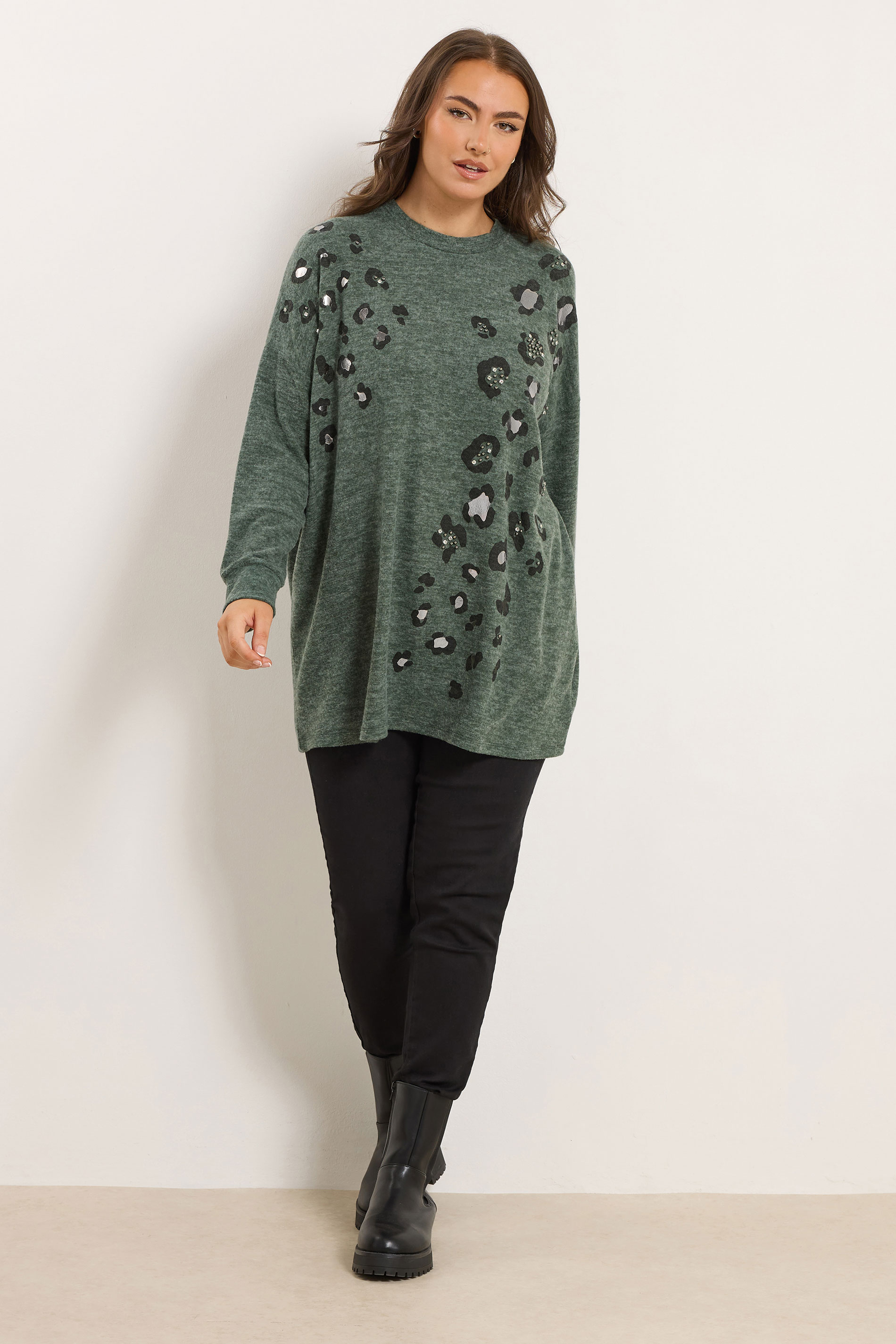 YOURS Plus Size Green Leopard Animal Print Stud Jumper | Yours Clothing 1