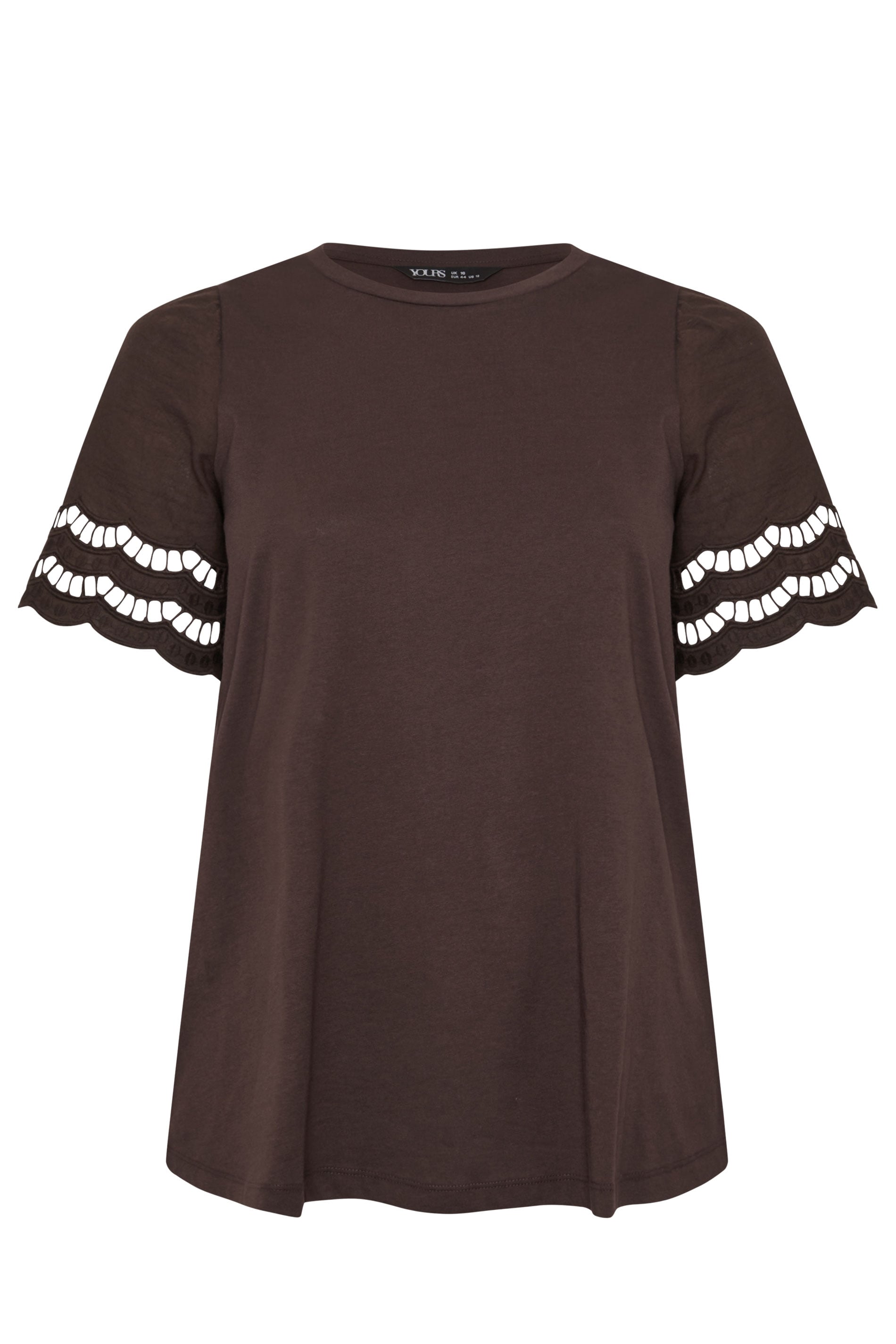 YOURS Plus Size Brown Broderie Anglaise Angel Sleeve T-Shirt | Yours Clothing 5