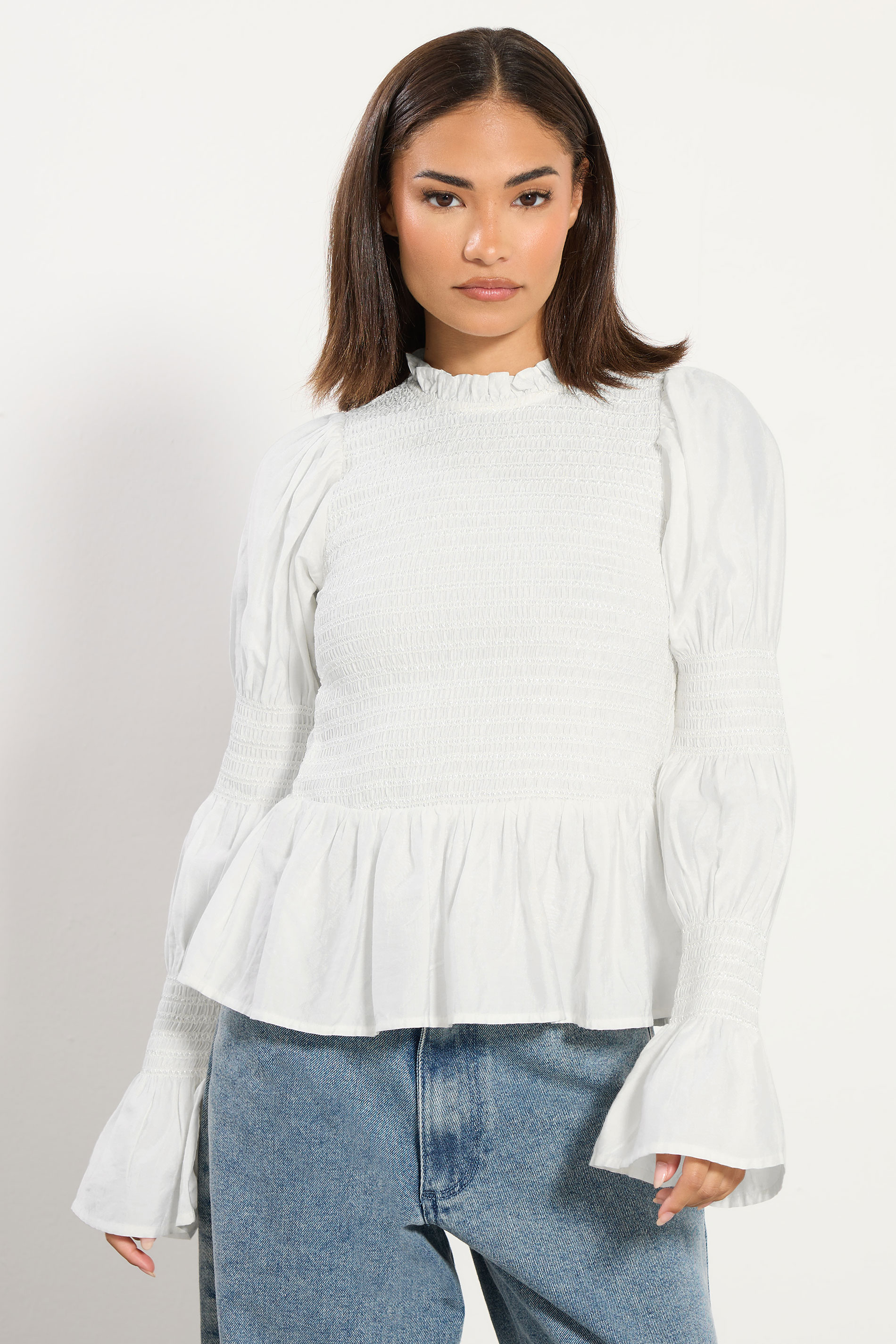 PixieGirl Petite Women's White Shirred Peplum Smock Top | PixieGirl 7