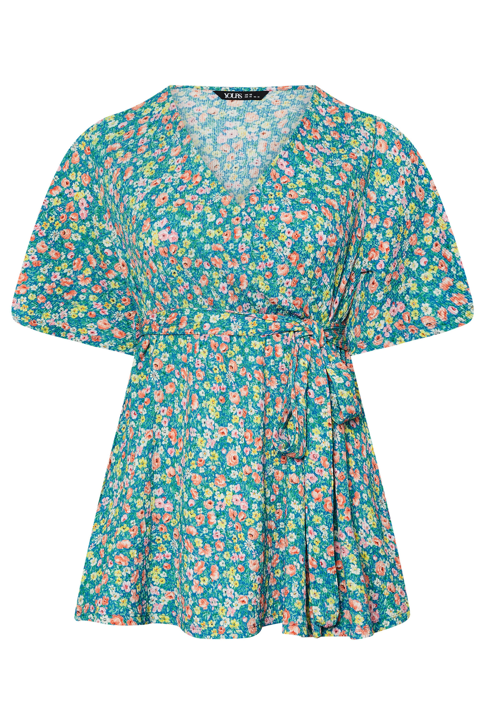 YOURS Plus Size Teal Blue Floral Wrap Textured Top | Yours Clothing 5