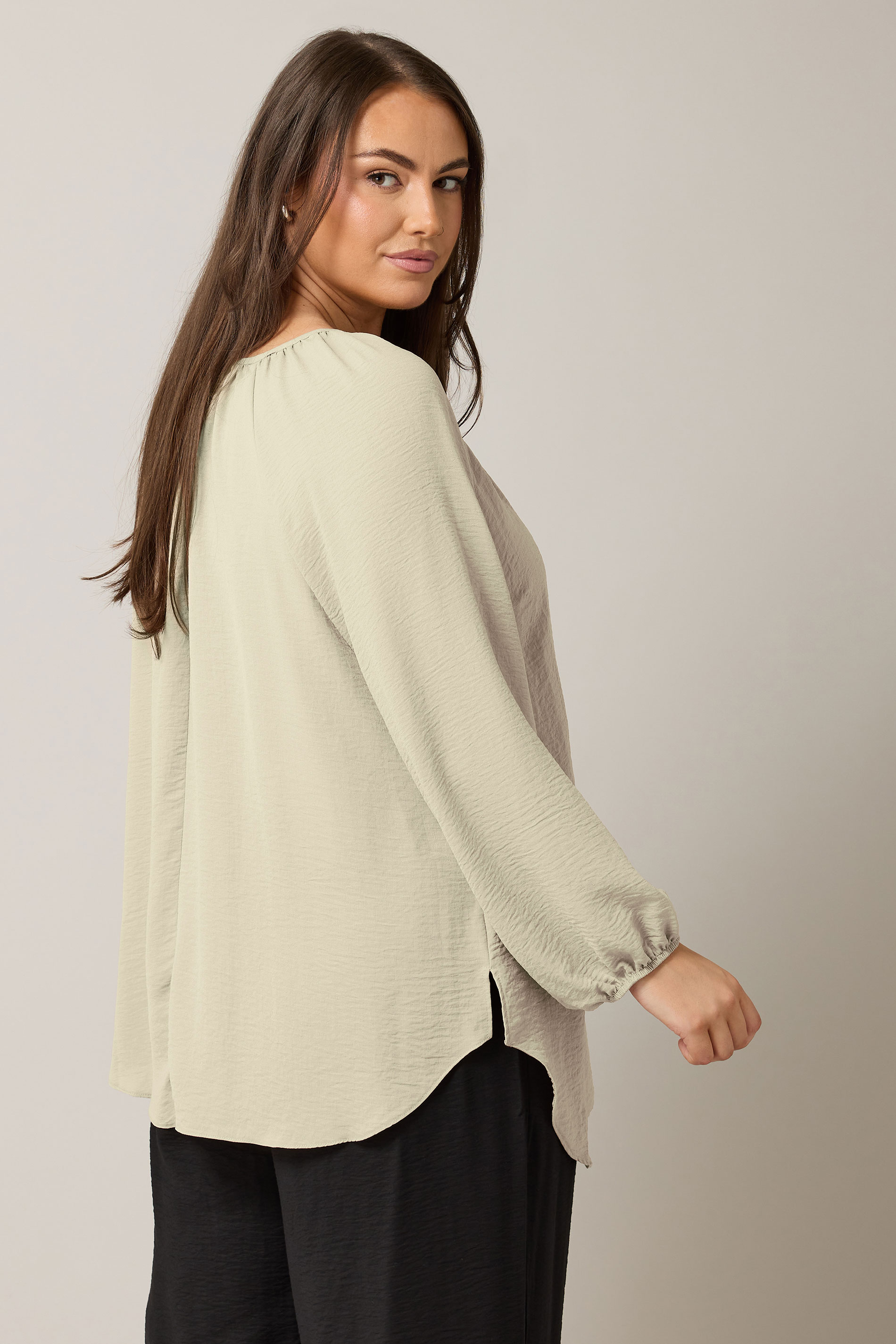 EVANS Plus Size Natural Brown Button Front Long Sleeve Blouse | Evans 2