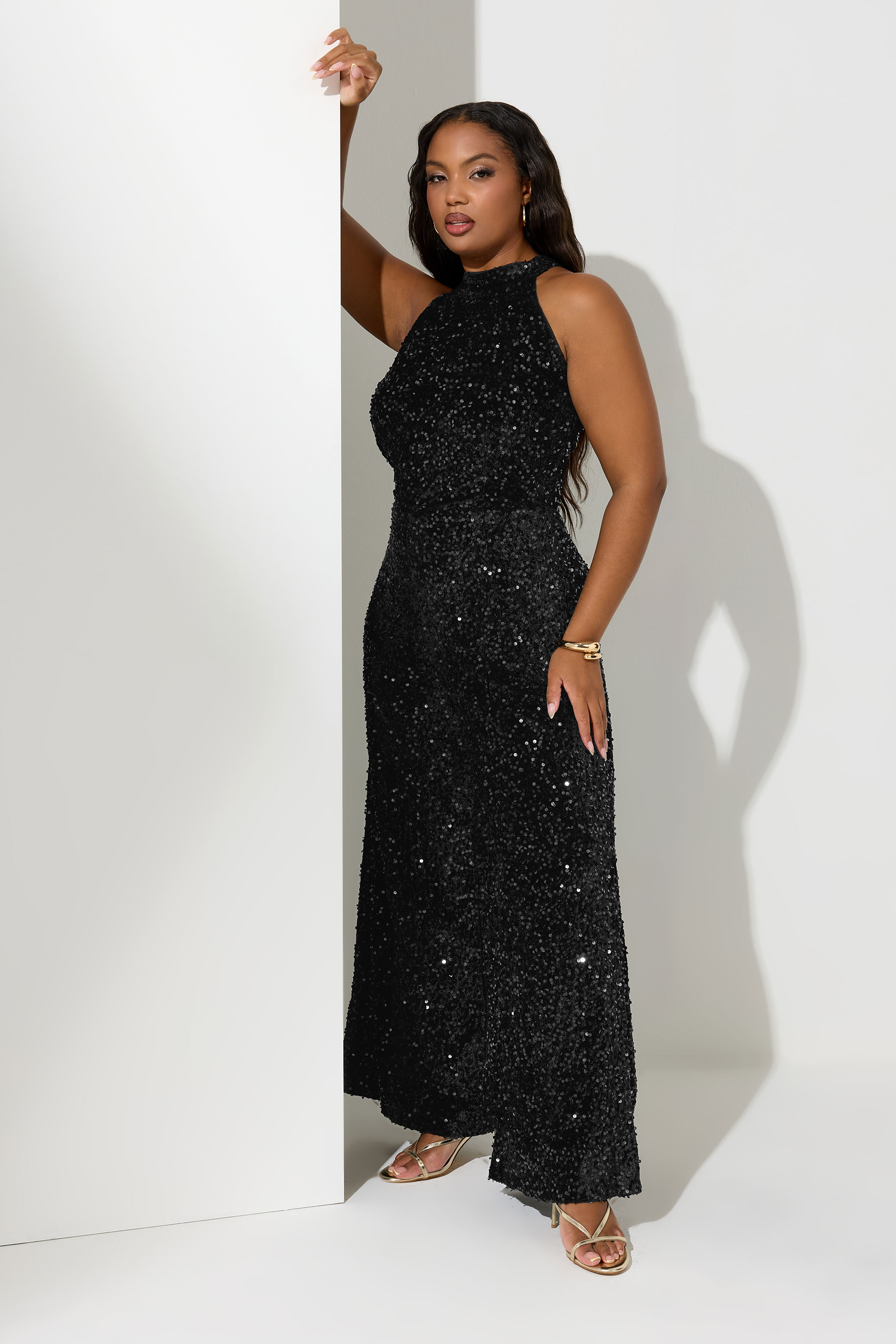 YOURS LONDON Plus Size Black Sequin Velvet Jumpsuit | Yours Clothing 1