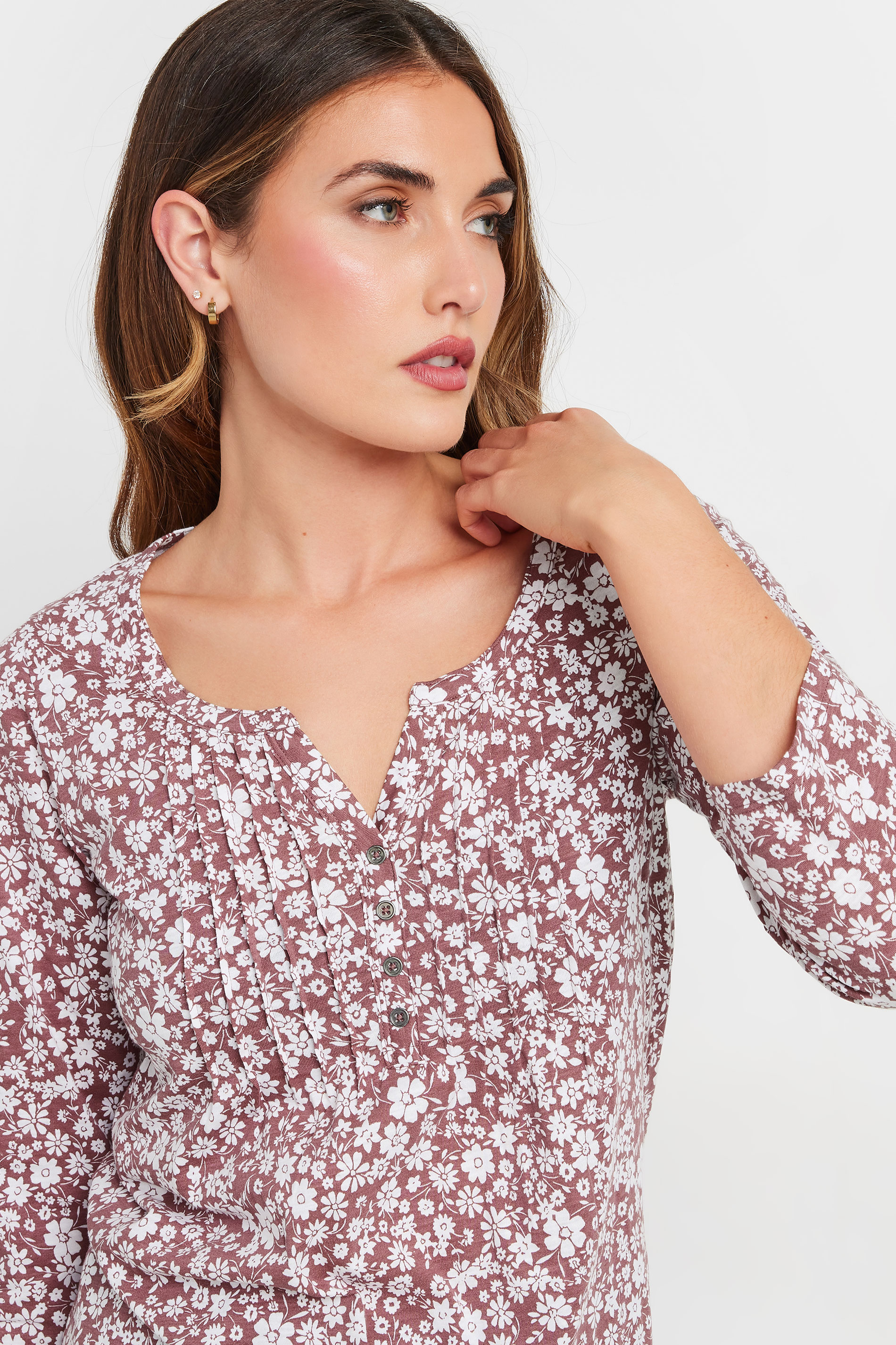 LTS Tall Blush Pink Ditsy Floral Cotton Henley Top | Long Tall Sally 4