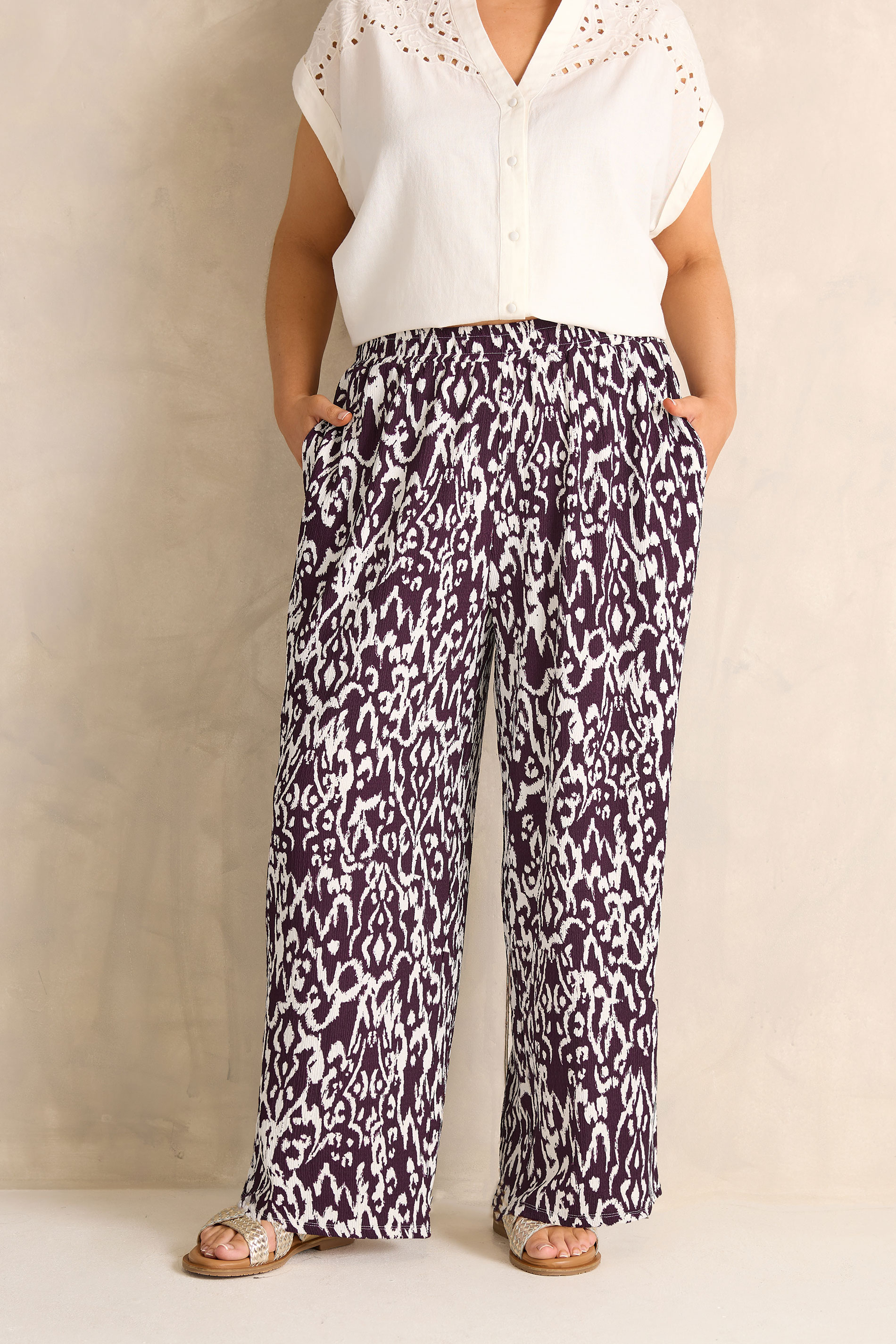 EVANS Plus Size Berry Red Ikat Print Shirred Waist Trousers | Evans 3