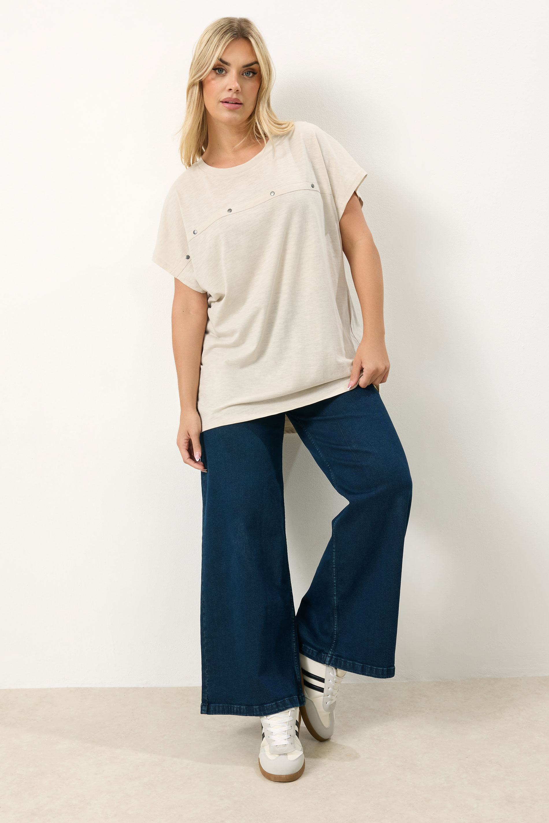 YOURS Plus Size Ivory White Stud Grown-On Sleeve T-Shirt | Yours Clothing 1