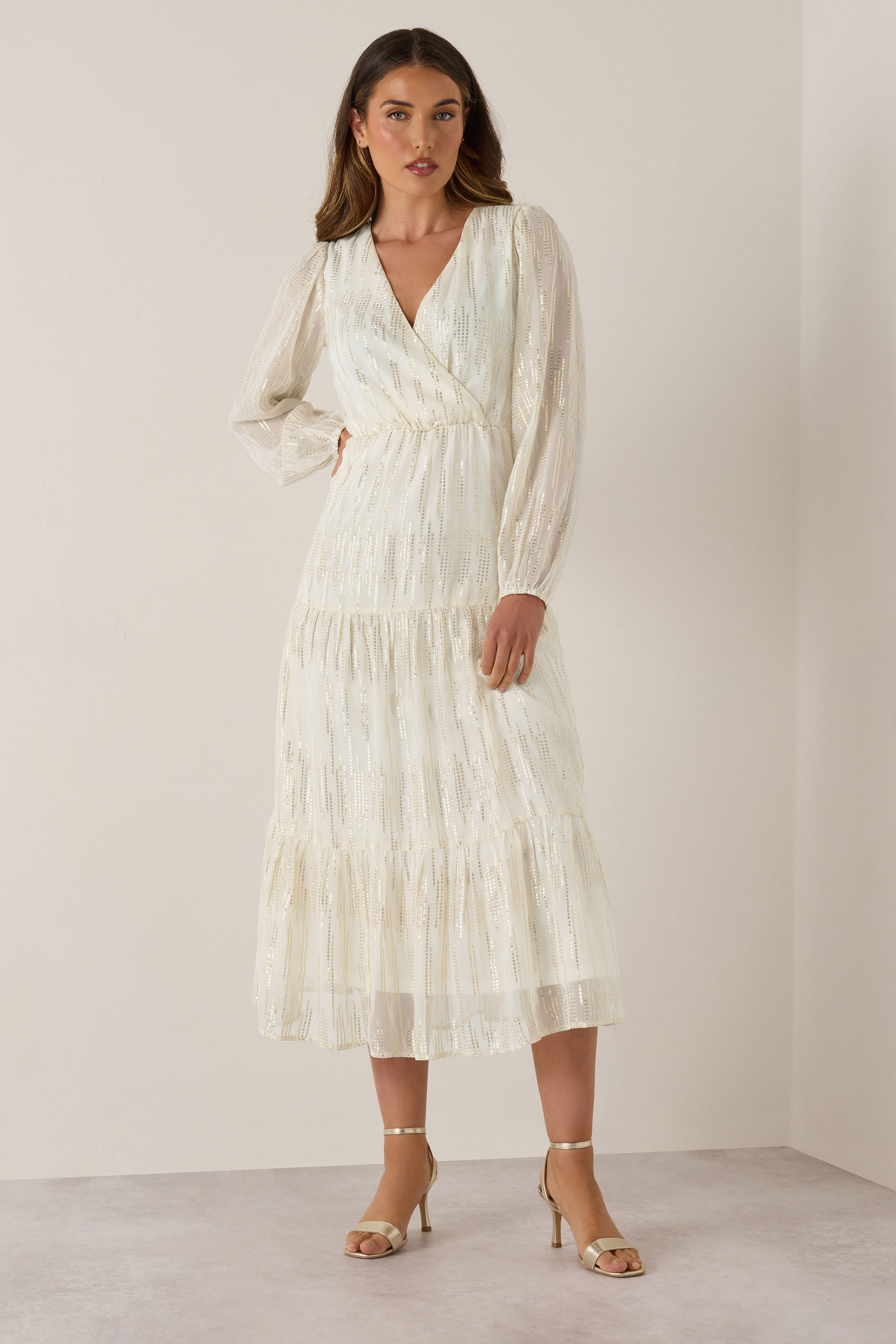LTS Tall Ivory White Metallic Dash Tiered Maxi Dress | Long Tall Sally 3