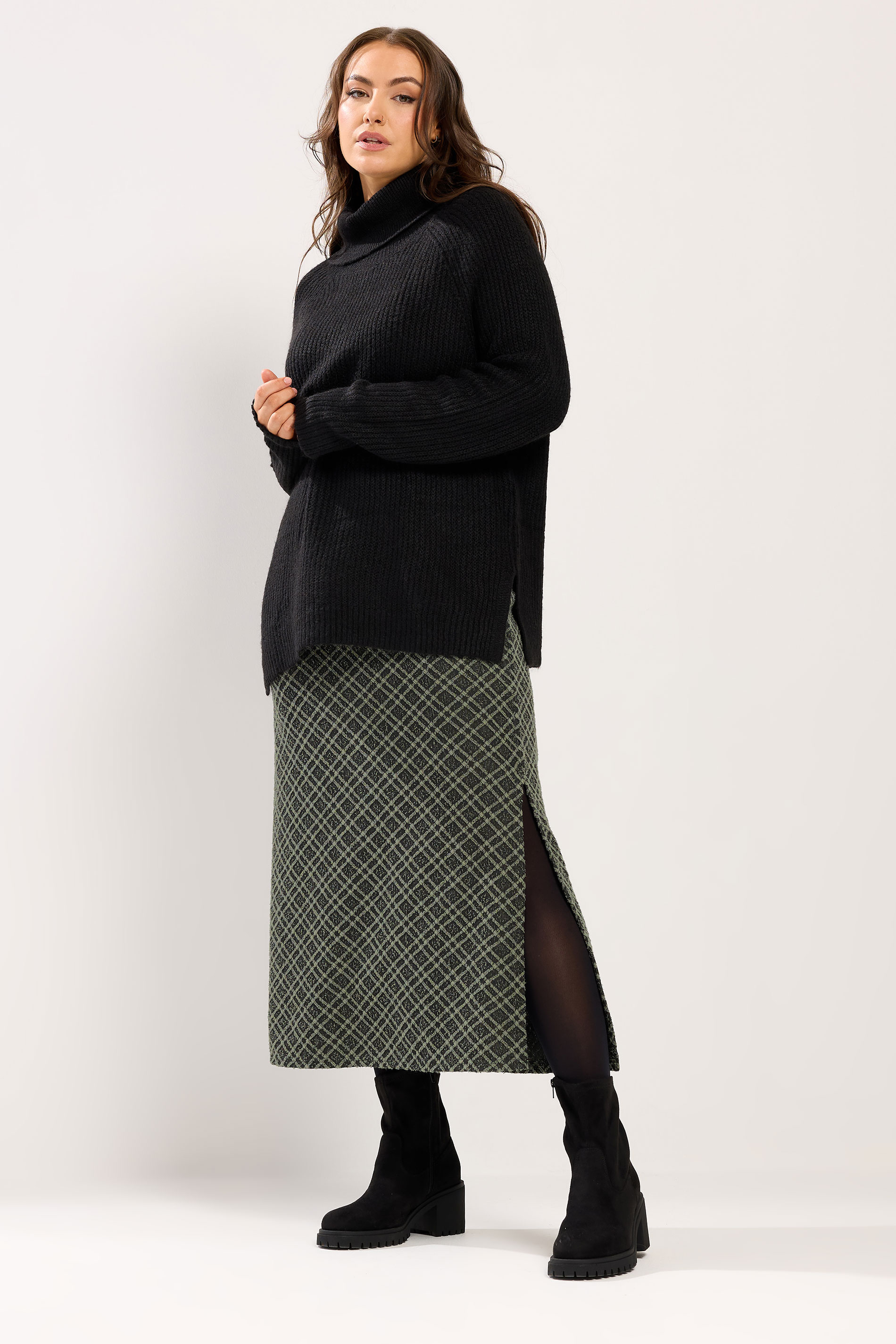 YOURS Plus Size Khaki Green Check Print Tube Skirt | Yours Clothing 1