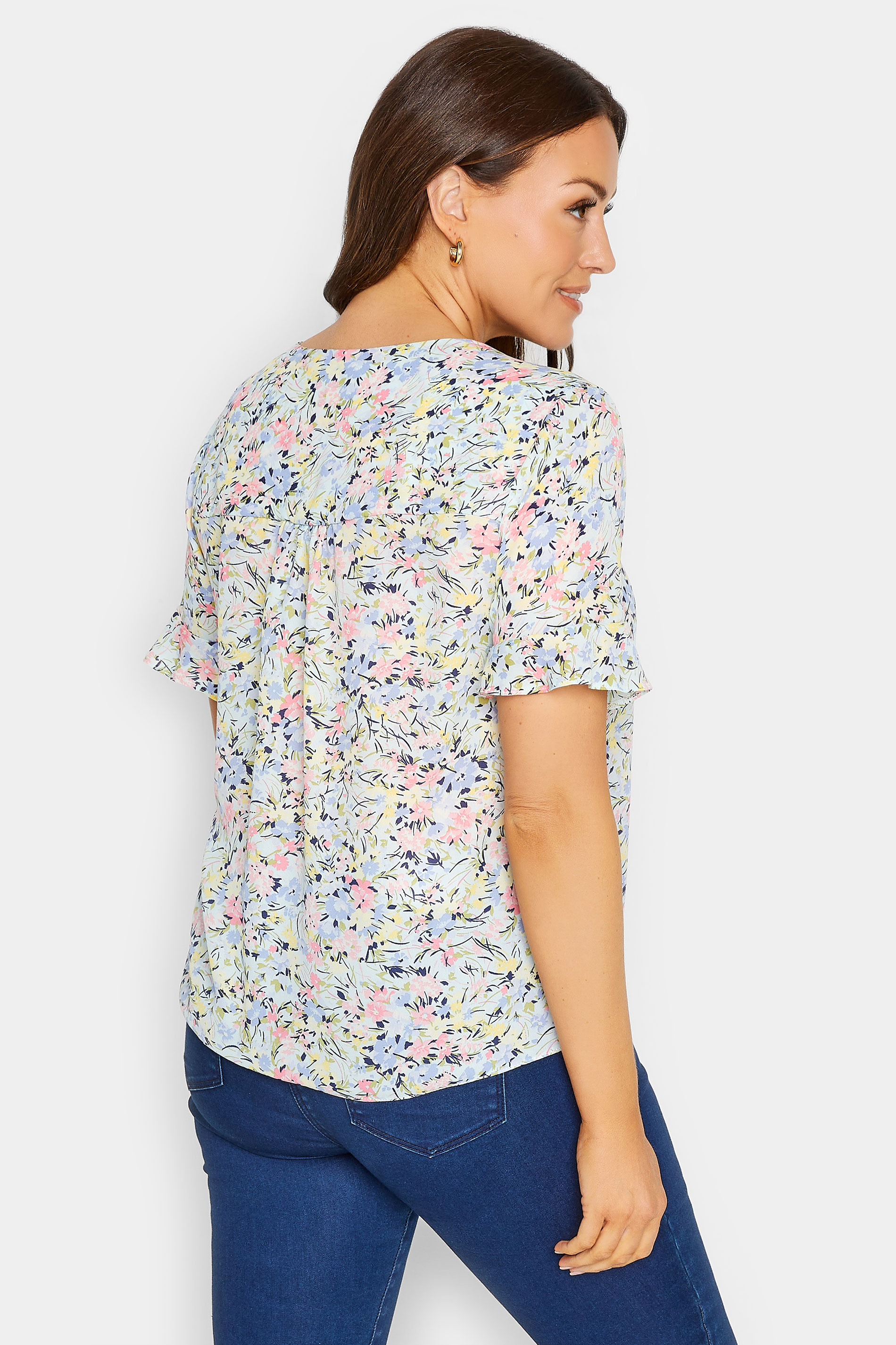 M&Co Blue Floral Print Frill Sleeve Blouse | M&Co 3