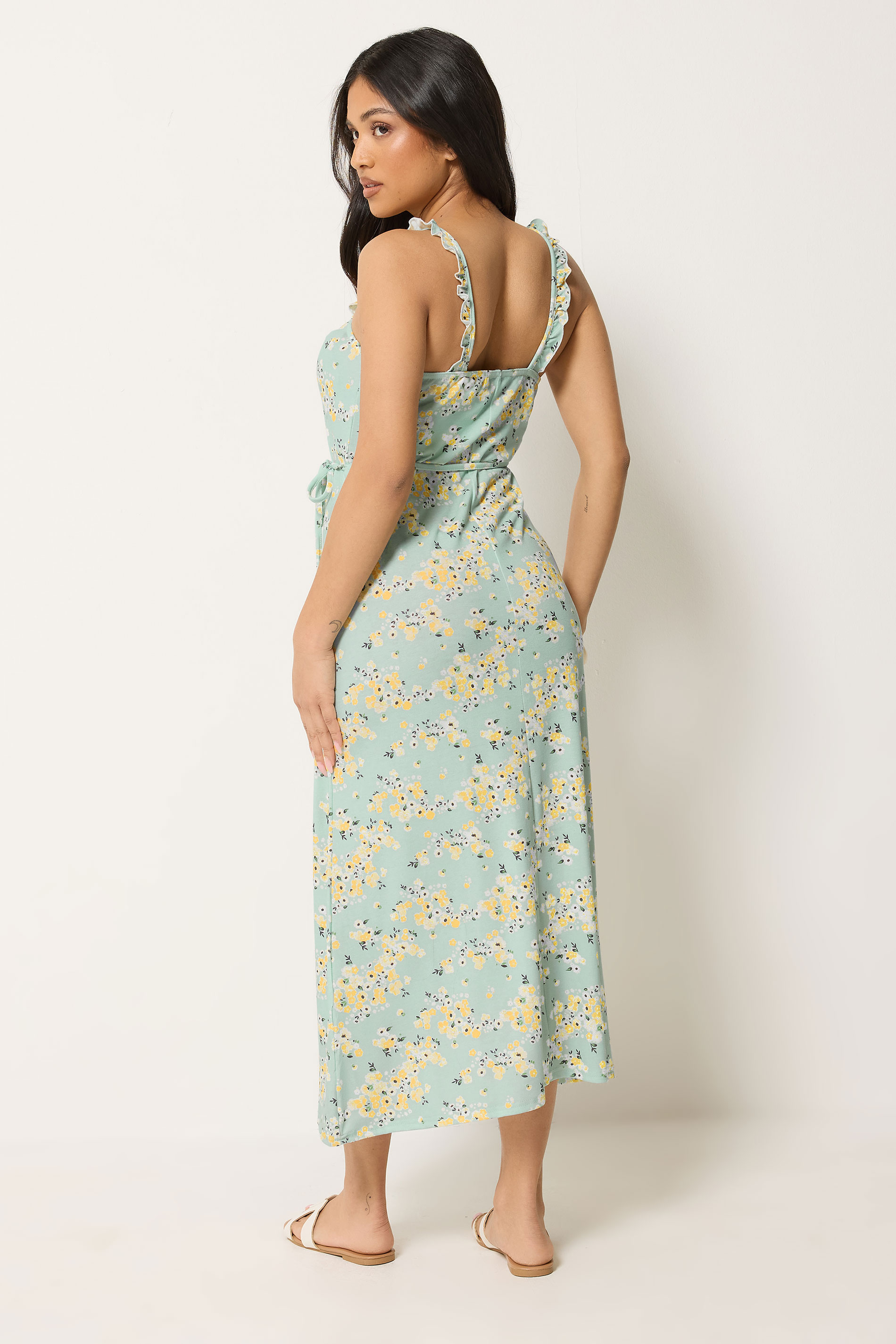 PixieGirl Petite Women's Sage Green Ditsy Floral Belted Midi Dress | PixieGirl 2