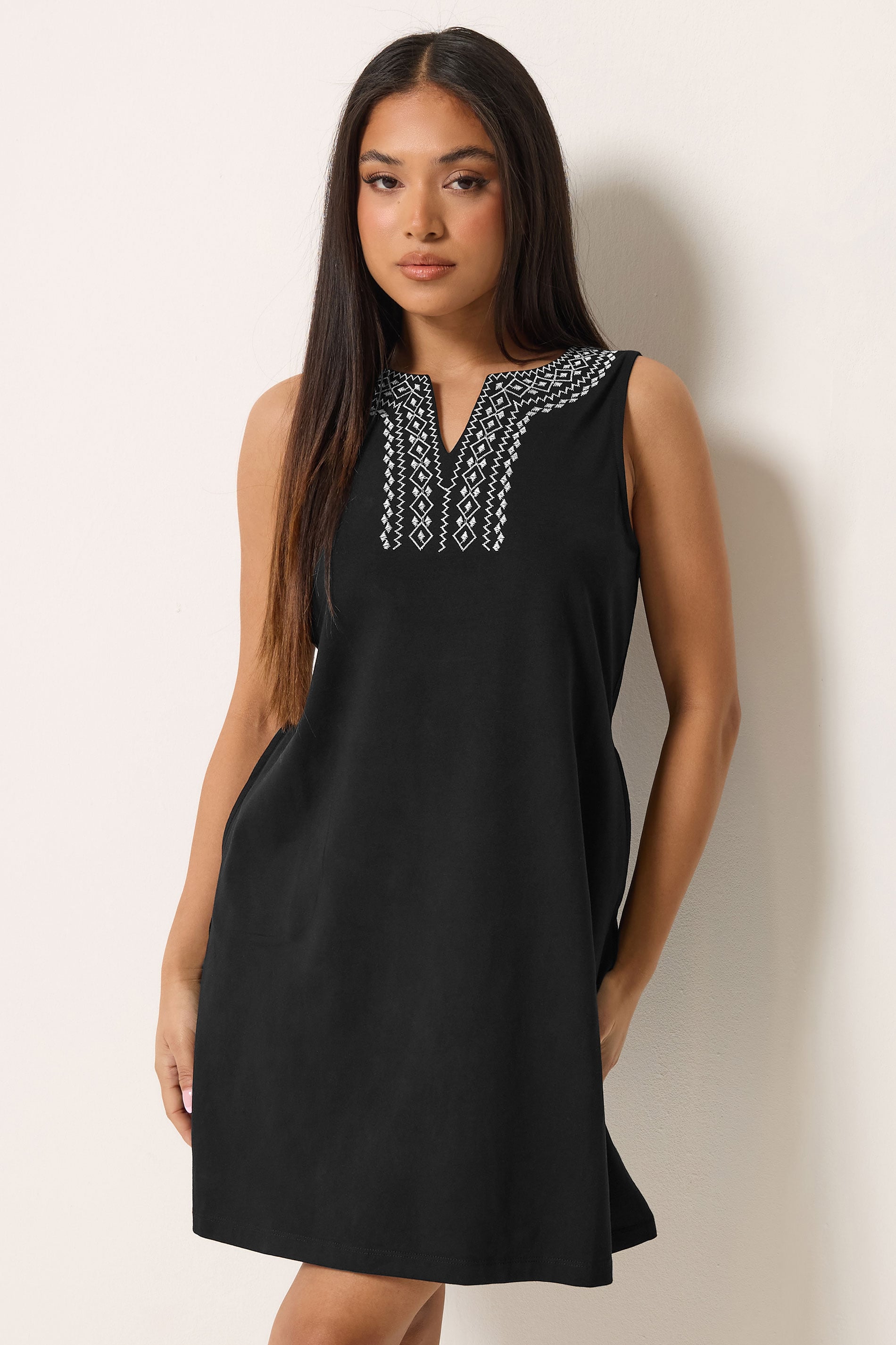 M&Co Petite Black Embroidered Neck Cotton Midi Dress | M&Co 1