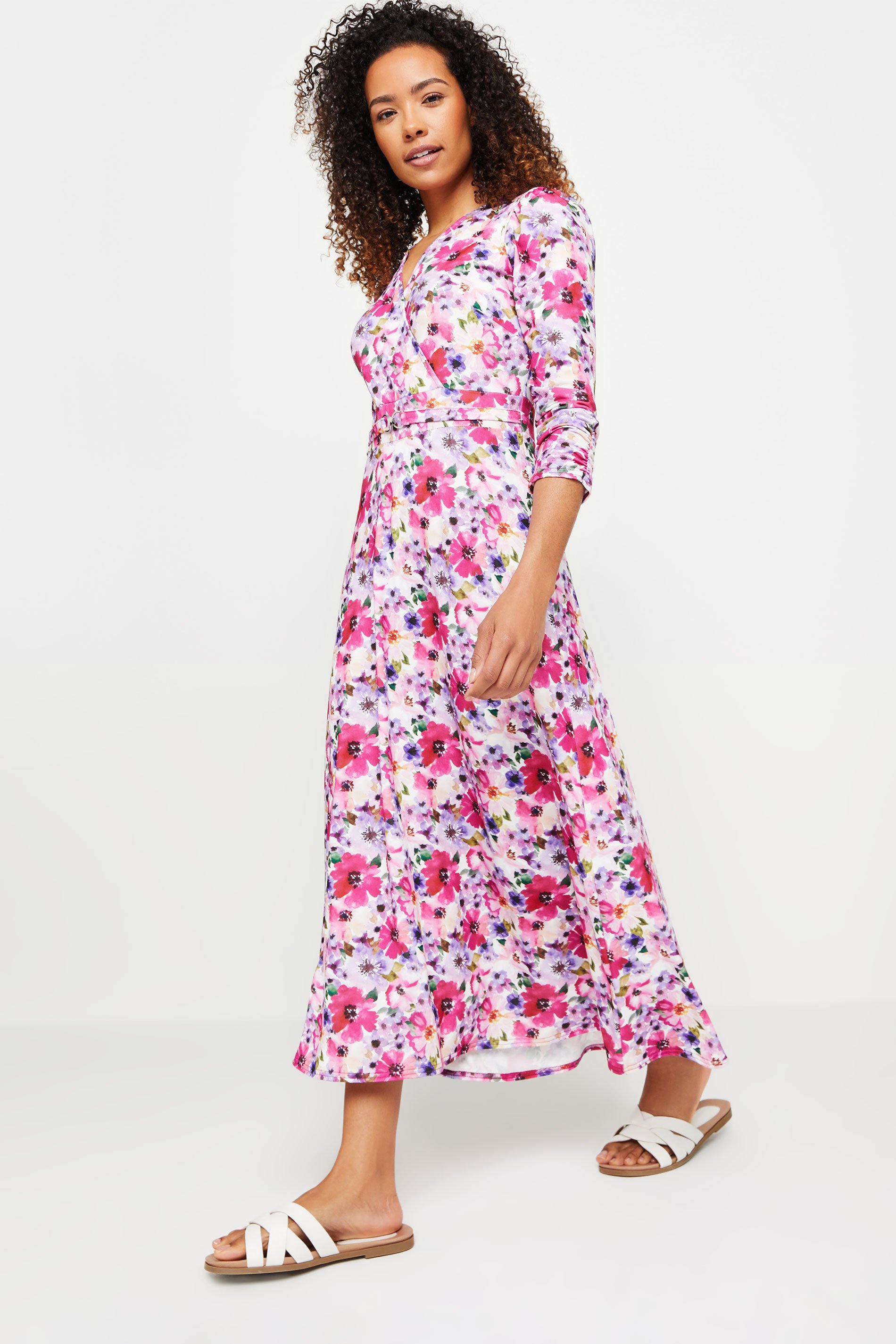 M&Co White Floral Print Belted Wrap Midi Dress | M&Co 2