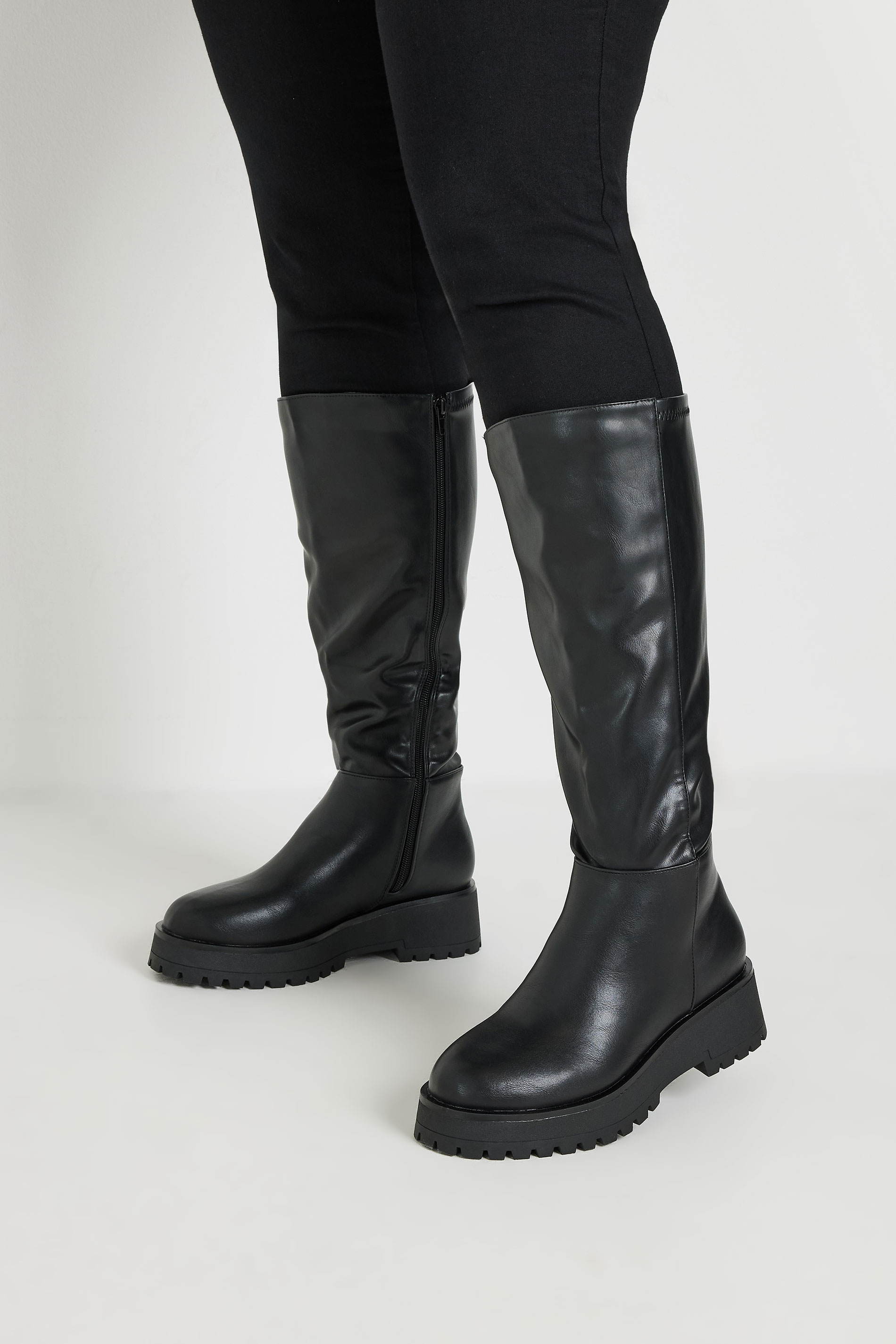 Black Faux Leather Chunky Knee High Boots In Wide E Fit & Extra Wide EEE Fit | Yours Clothing 3