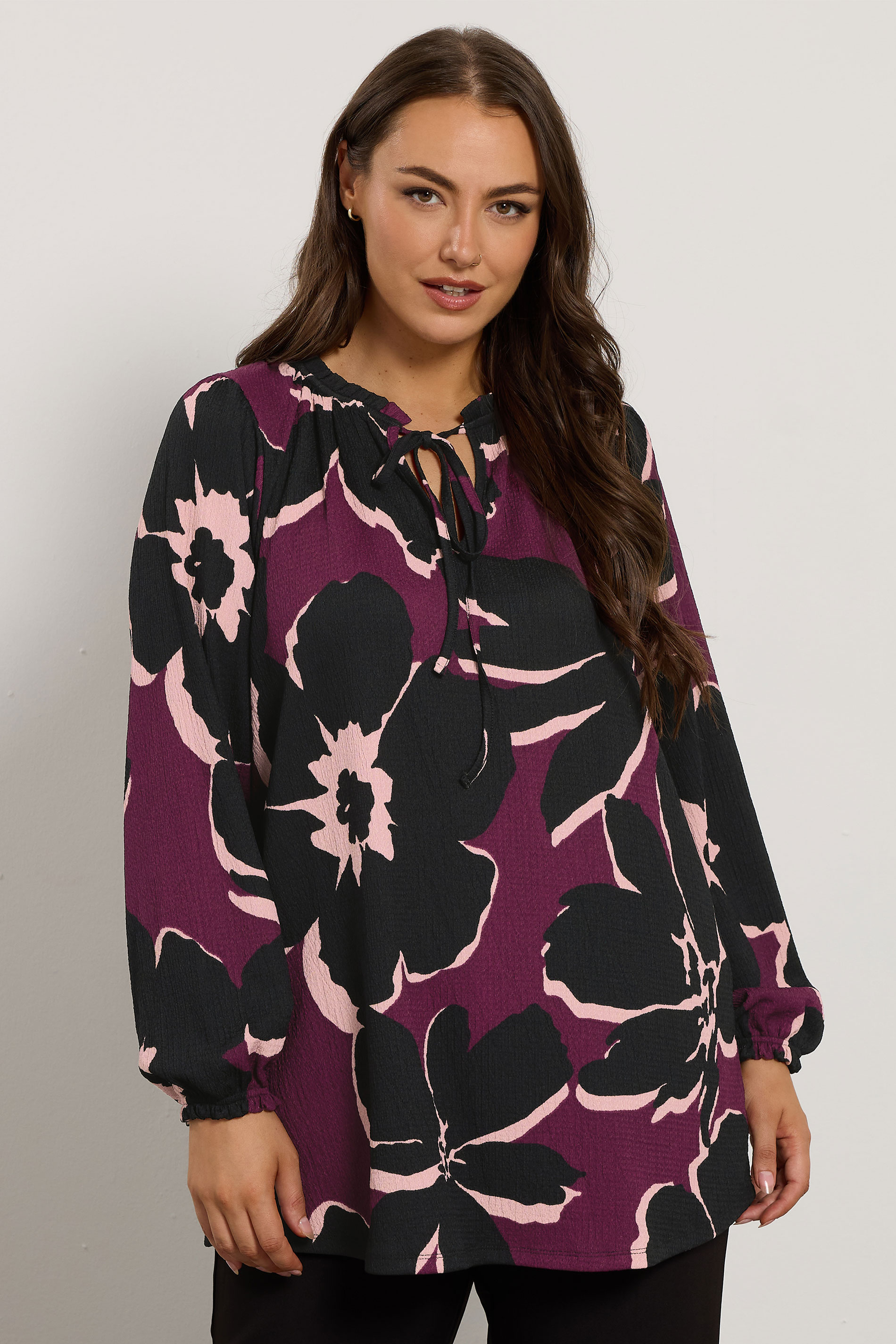 EVANS Plus Size Purple & Black Floral Tie Neck Blouse | Evans 3