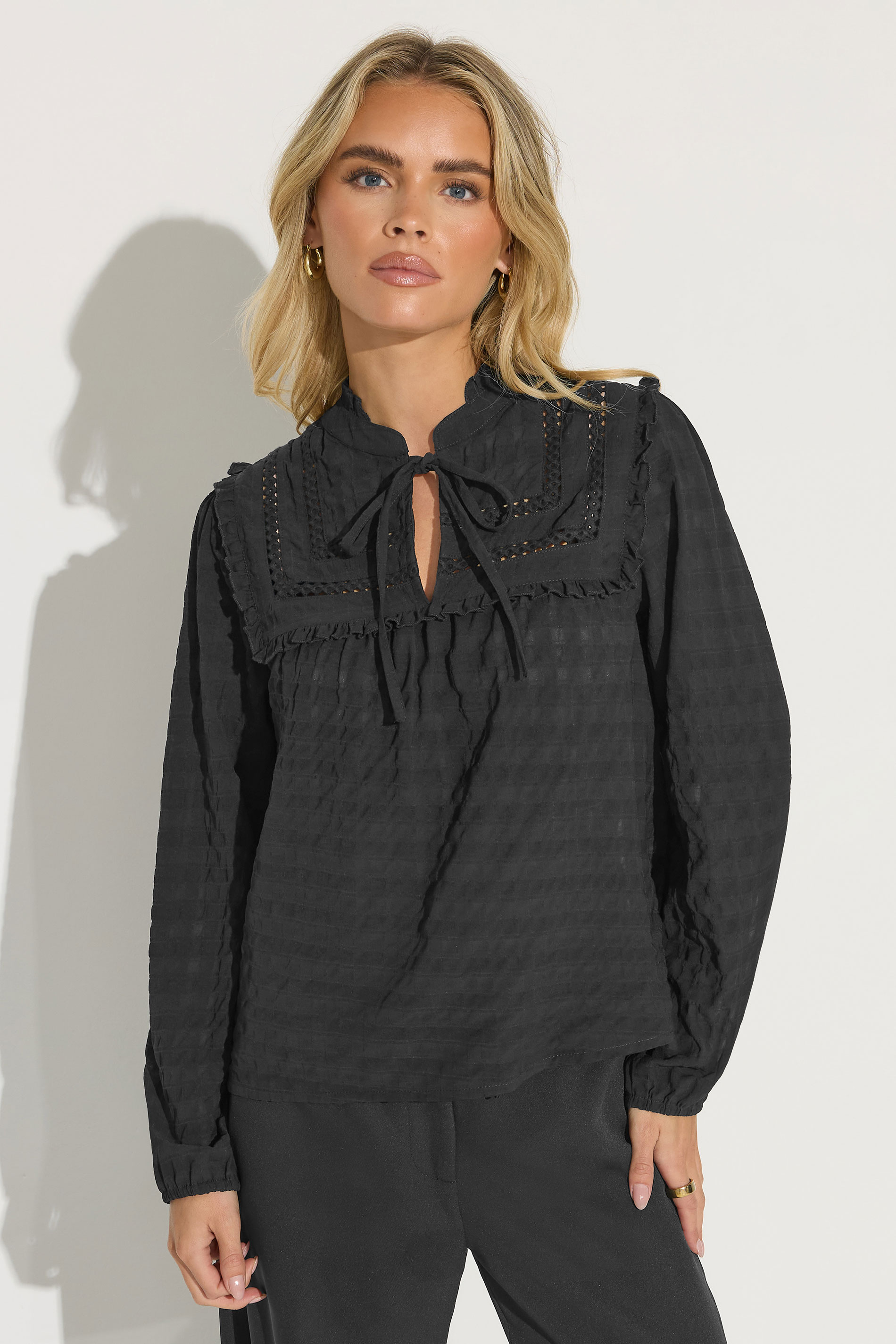 PixieGirl Petite Women's Black Crinkle Crochet Tie Neck Blouse | PixieGirl 3