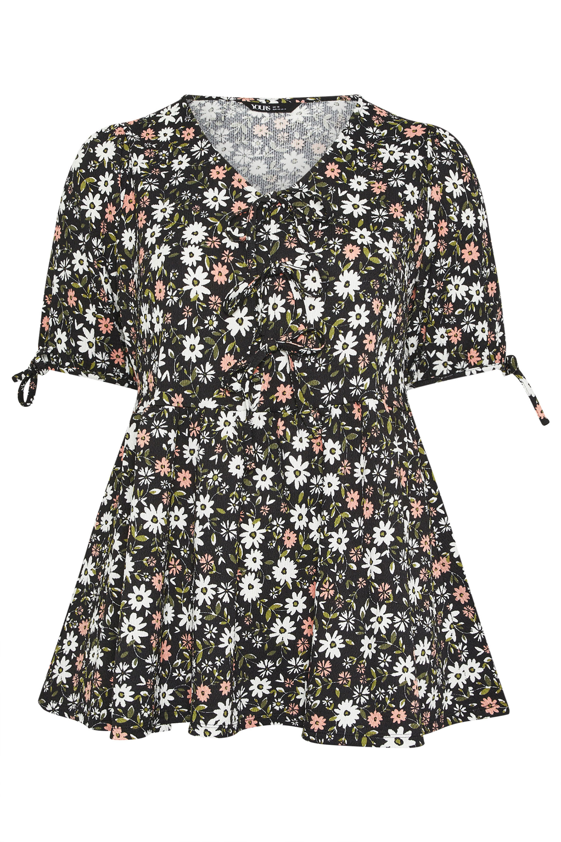 YOURS Plus Size Black Floral Bow Front Peplum Top | Yours Clothing 5