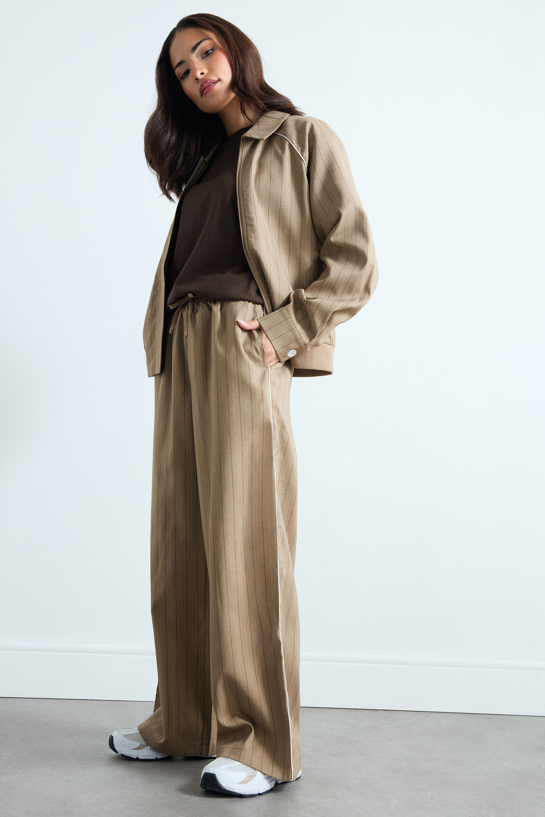 PixieGirl Petite Women's Natural Brown Stripe Pull On Wide Leg Trousers | PixieGirl 3