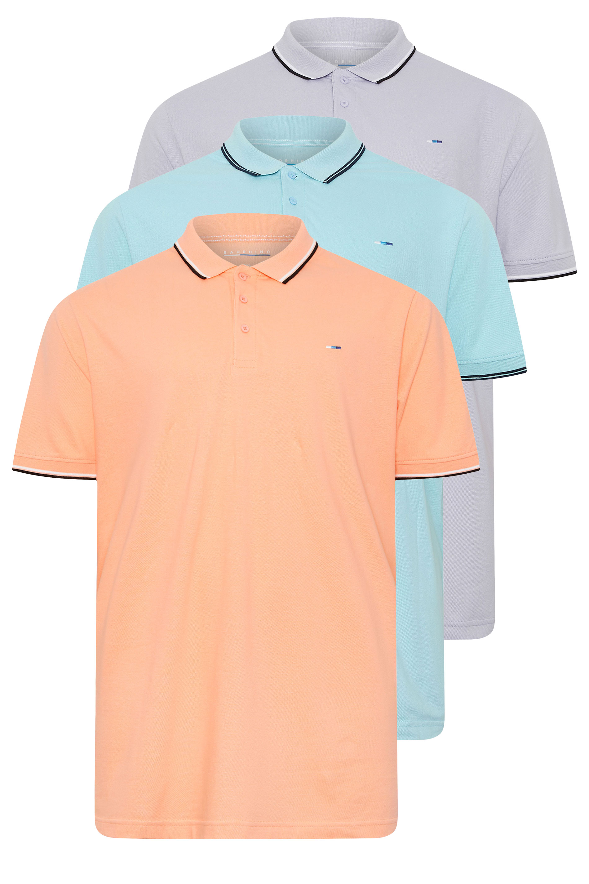 BadRhino Big & Tall 3 Pack Blue & Orange Tipped Polo Shirts | BadRhino 1