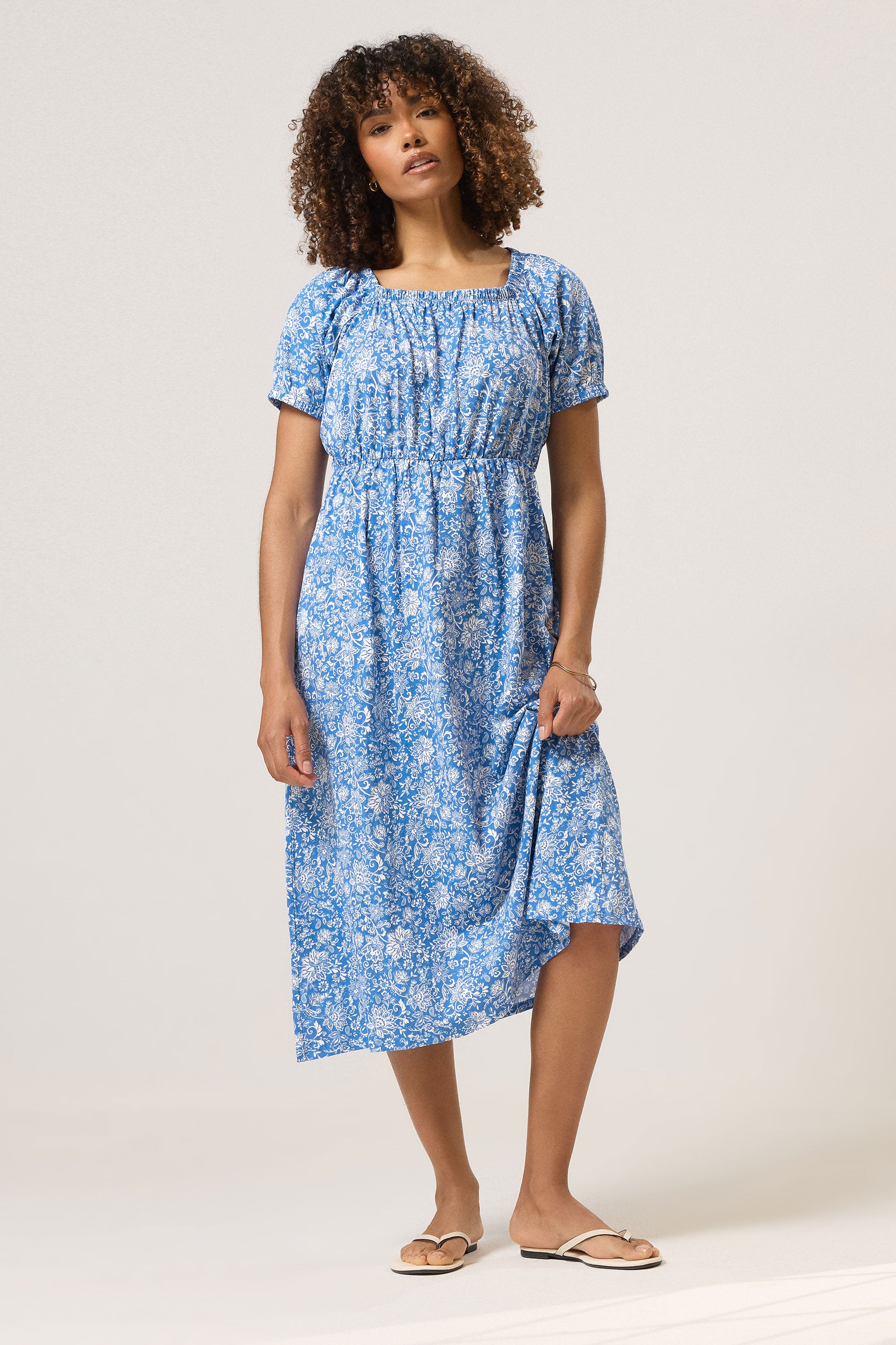 M&Co Blue Floral Print Cotton Midi Dress | M&Co 3
