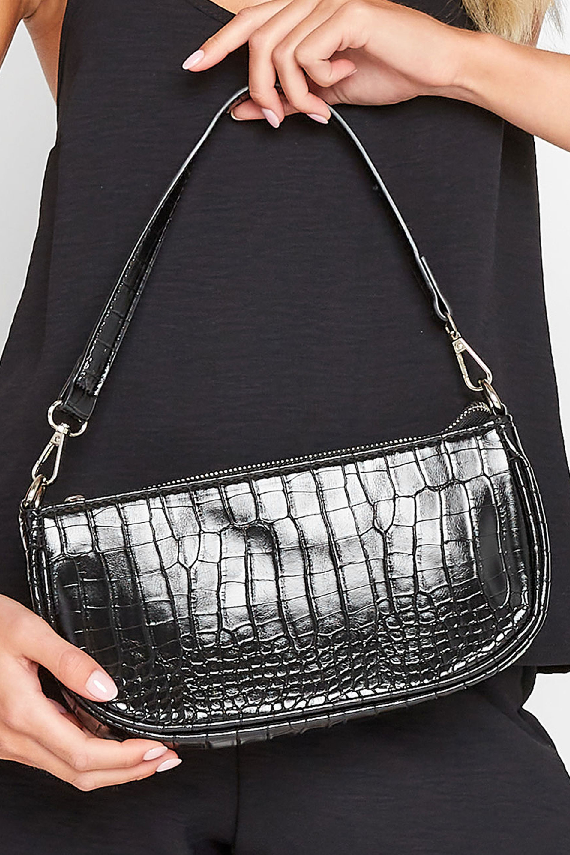 Black Faux Croc Shoulder Bag | Yours Clothing 1