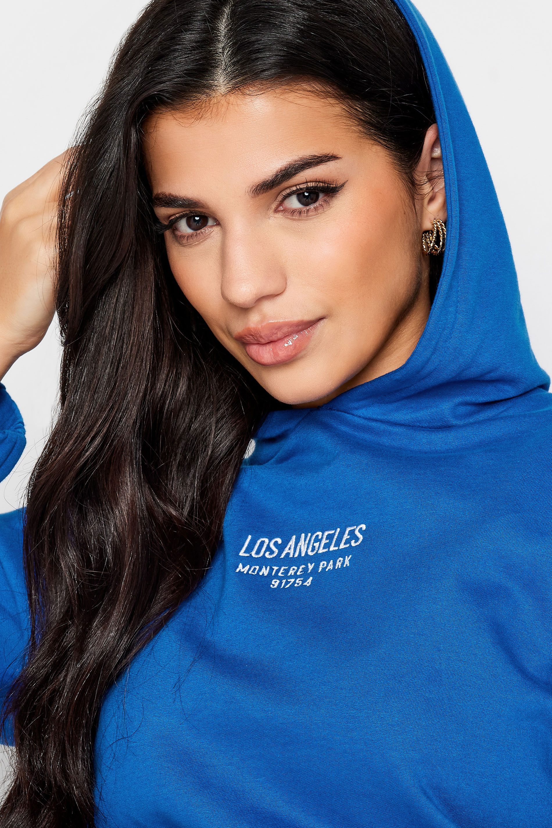 PixieGirl Petite Womens Cobalt Blue 'Los Angeles' Slogan Cotton Cropped Hoodie | PixieGirl  5