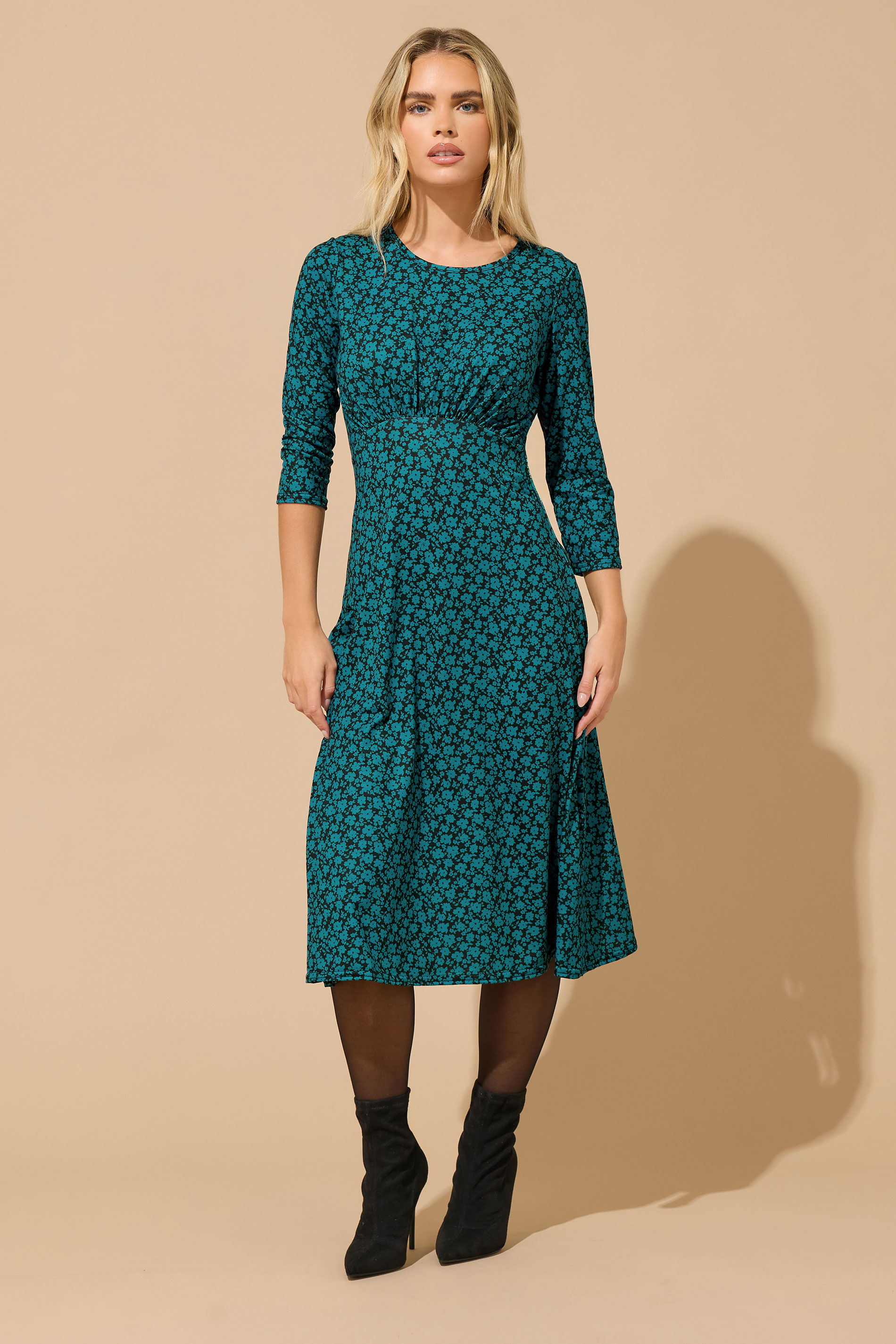 Women's Green M&Co Petites M&Co Petite Teal Floral Print Midi Dress Size 8