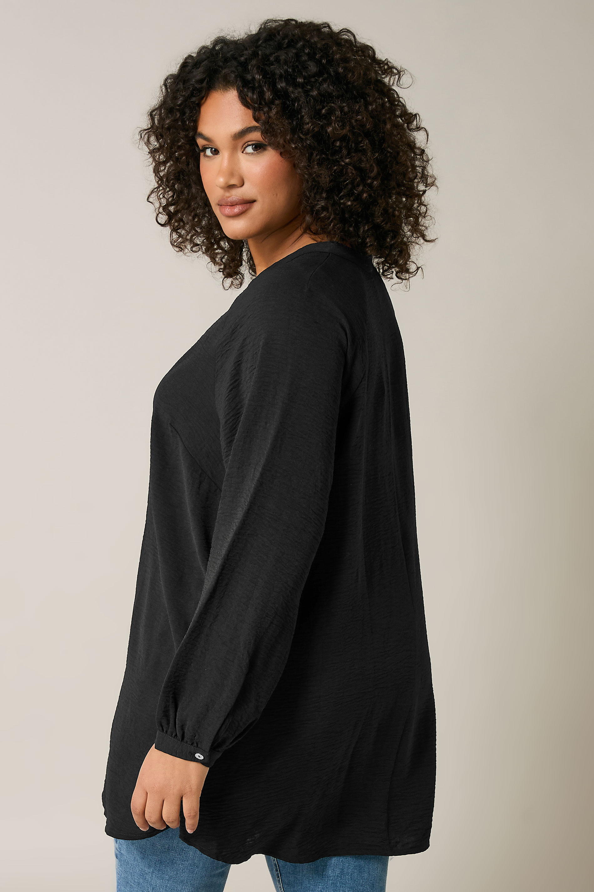 EVANS Plus Size Black Notch Neck Long Sleeve Blouse | Evans 2