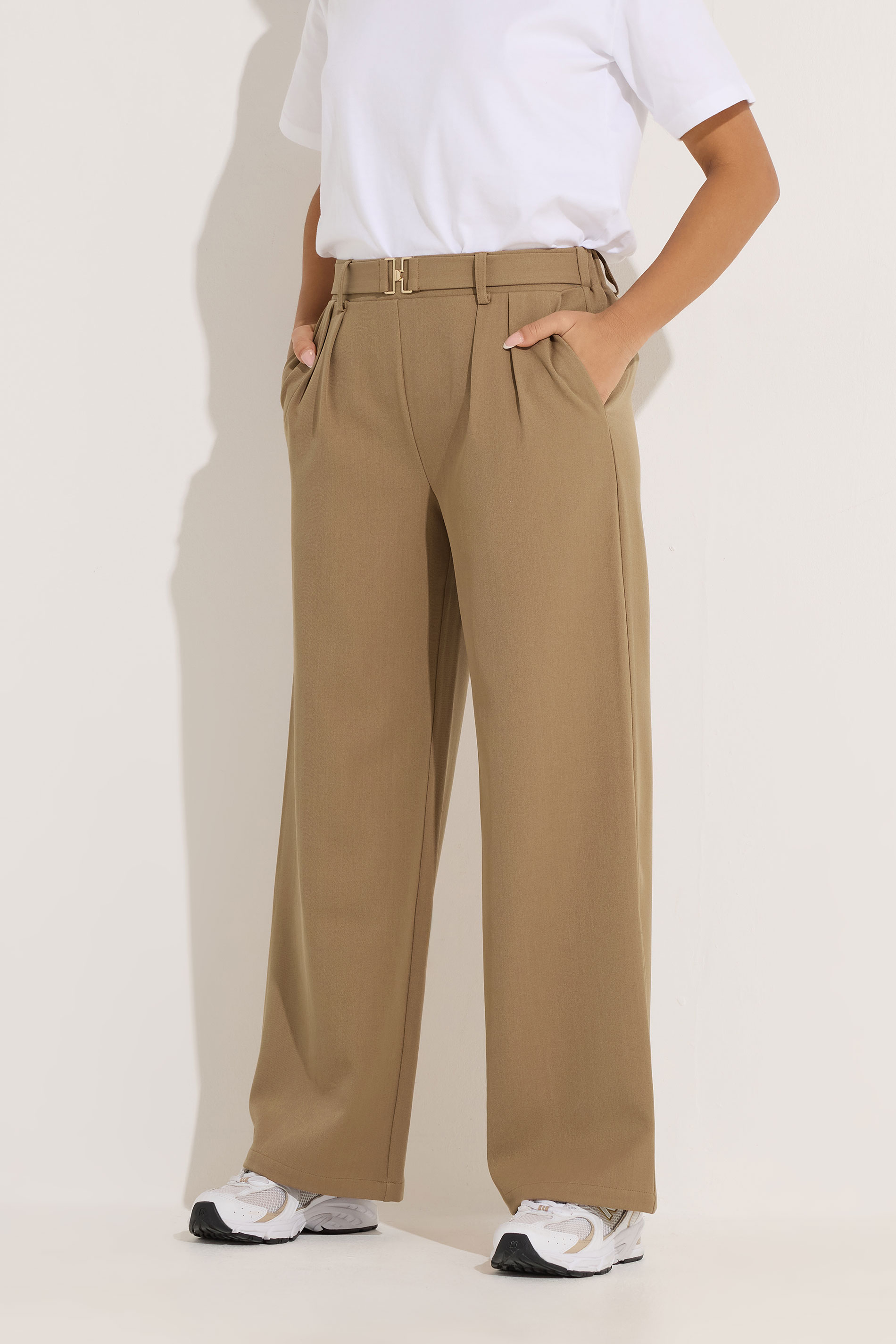 PixieGirl Petite Women's Natural Brown Buckle Wide Leg Trousers | PixieGirl 2