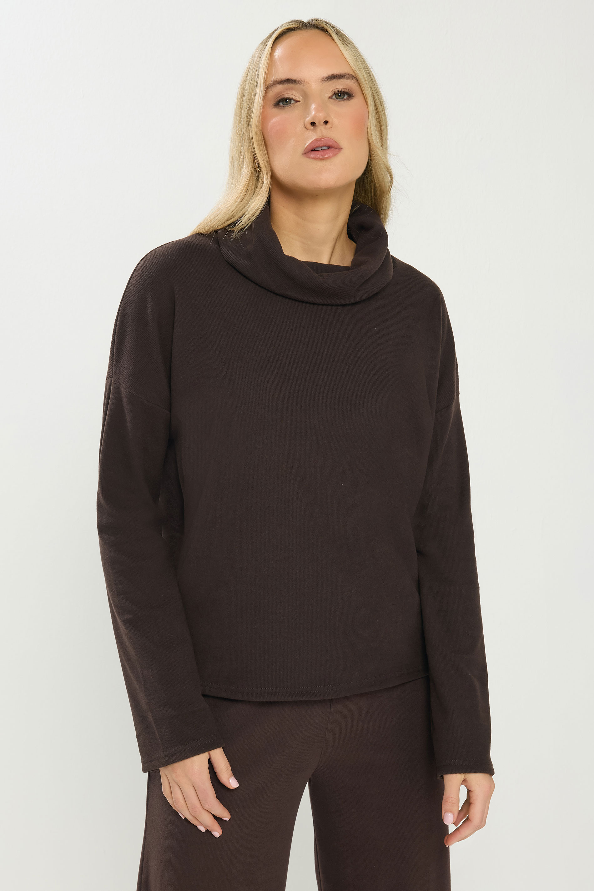 LTS Tall Women's Chocolate Brown Roll Neck Brushed Ribbed Top | Long Tall Sally 3