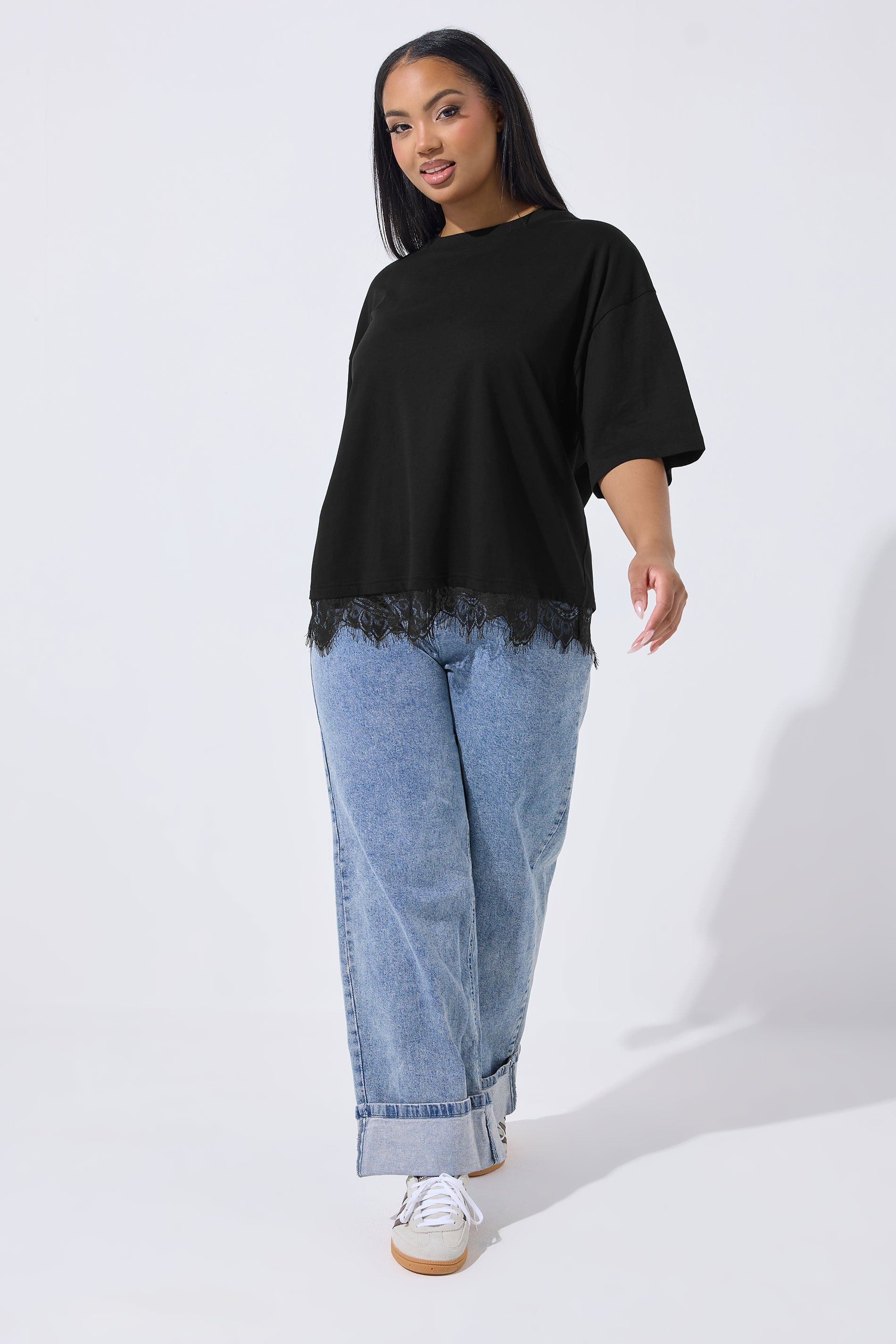 LIMITED COLLECTION Plus Size Black Oversized Lace Hem T-Shirt | Yours Clothing 1