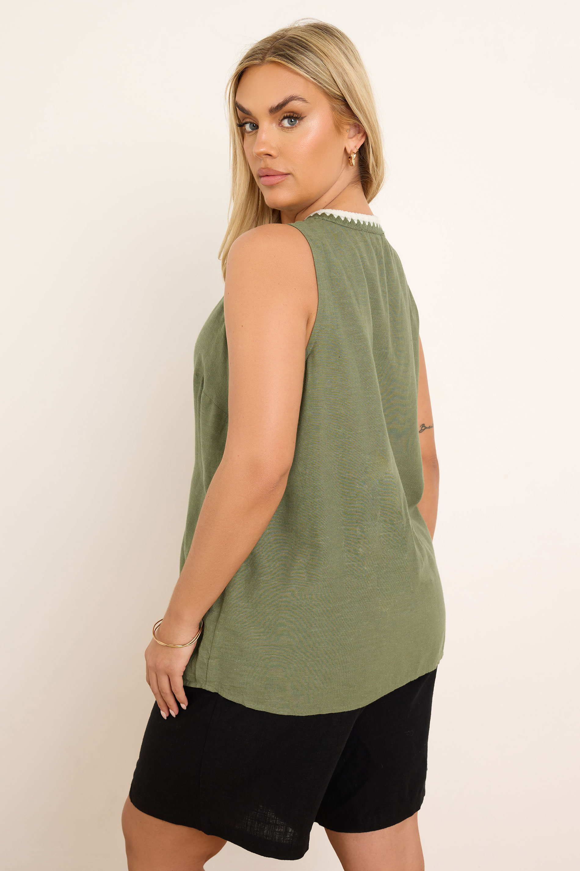 YOURS Plus Size Khaki Green Blanket Stitch Linen Vest Top | Yours Clothing 2