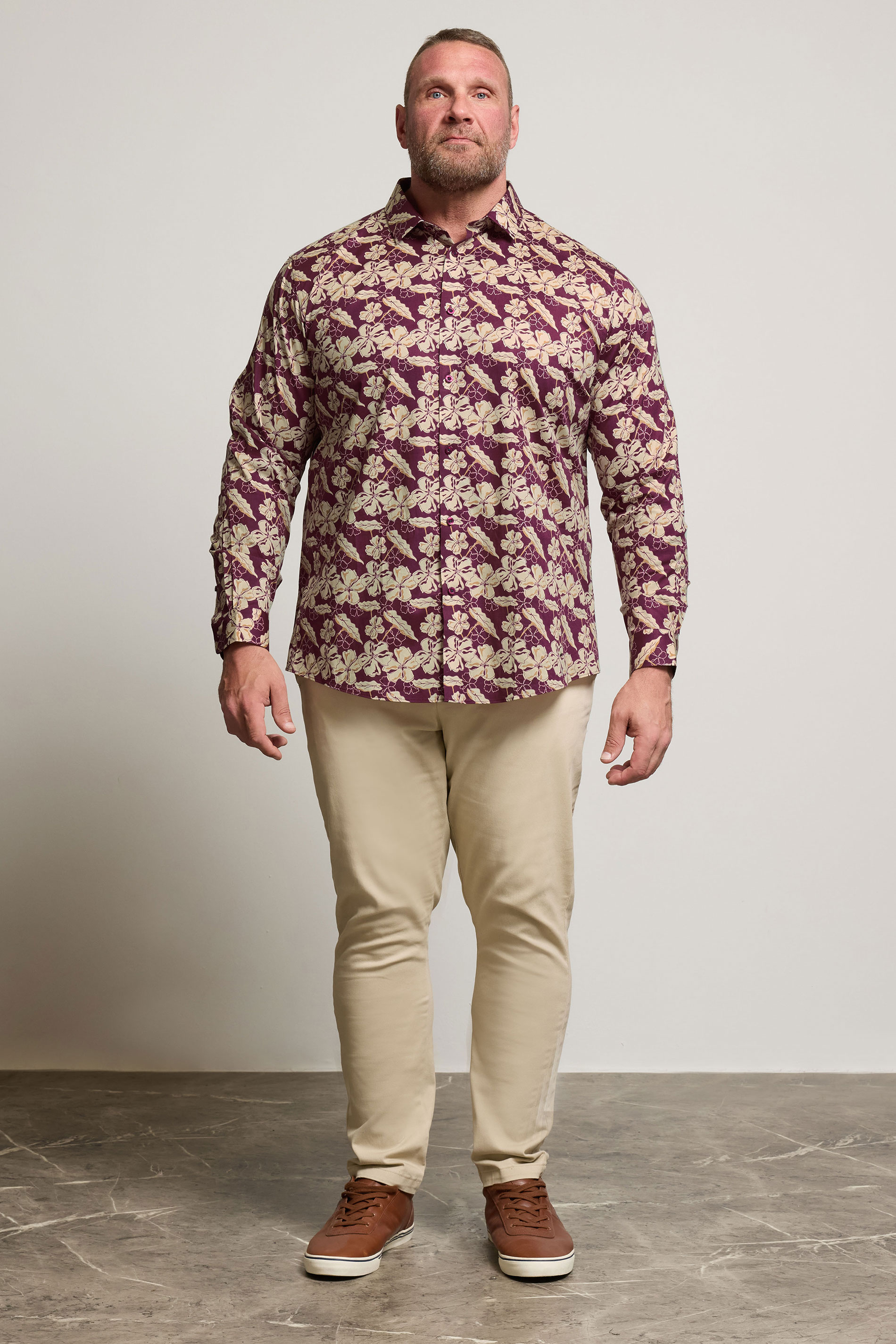 BadRhino Tailoring Big & Tall Burgundy Red Premium Leaf Print Long Sleeve Shirt | BadRhino 1