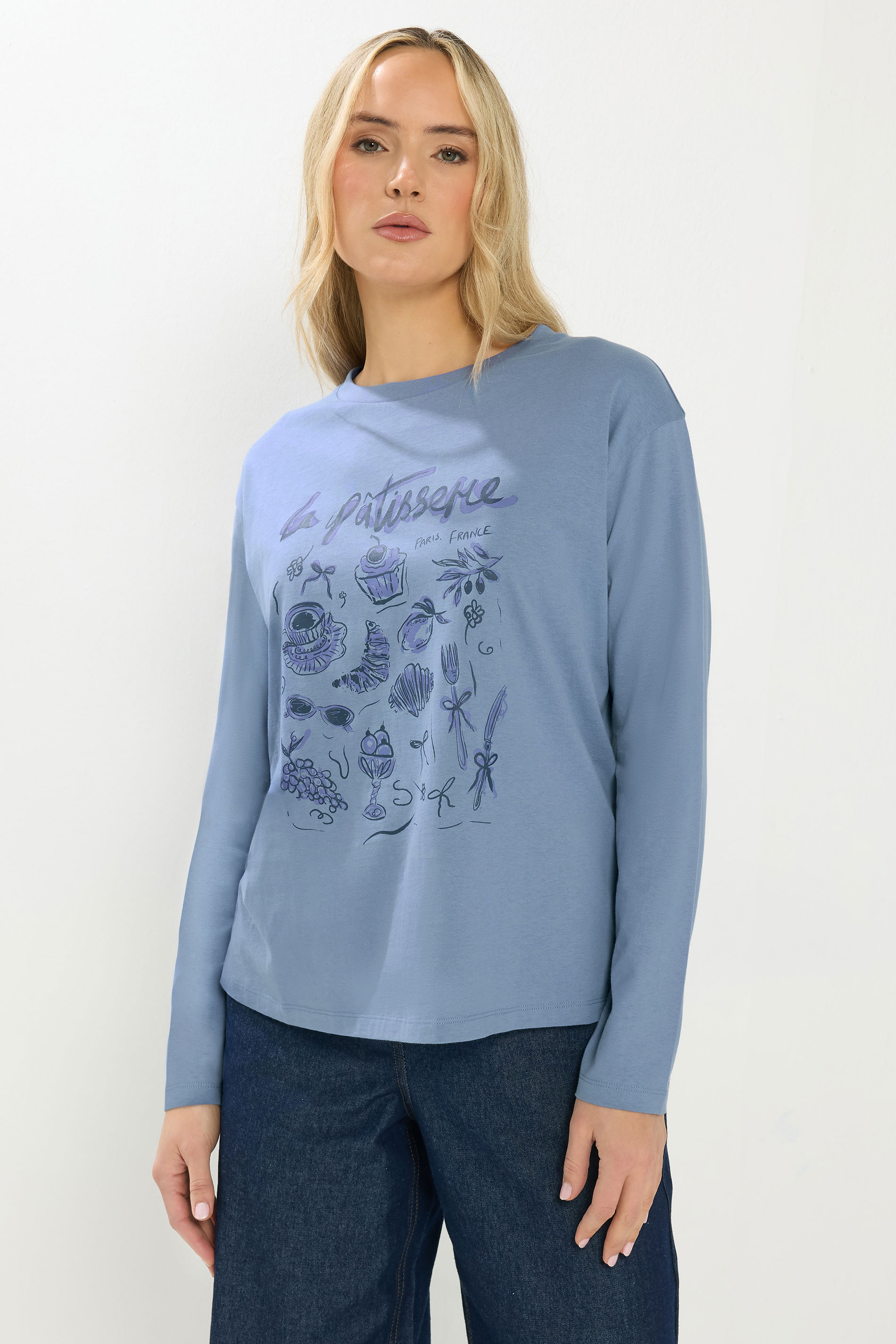 LTS Tall Blue 'La Patisserie' Slogan Long Sleeve T-Shirt | Long Tall Sally 1