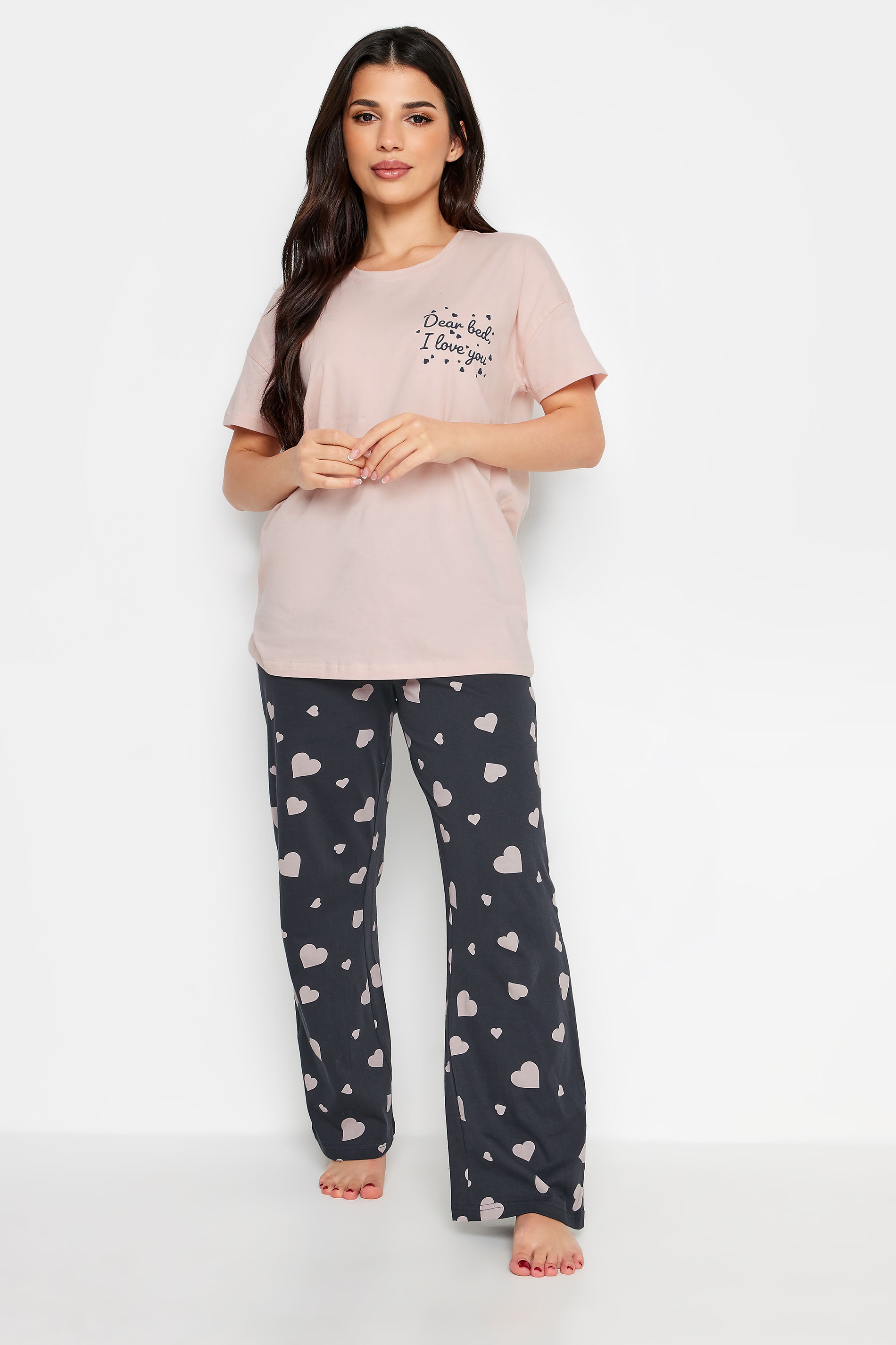 PixieGirl Petite Womens Light Pink Heart Print Wide Leg Pyjama Set | Long Tall Sally 3