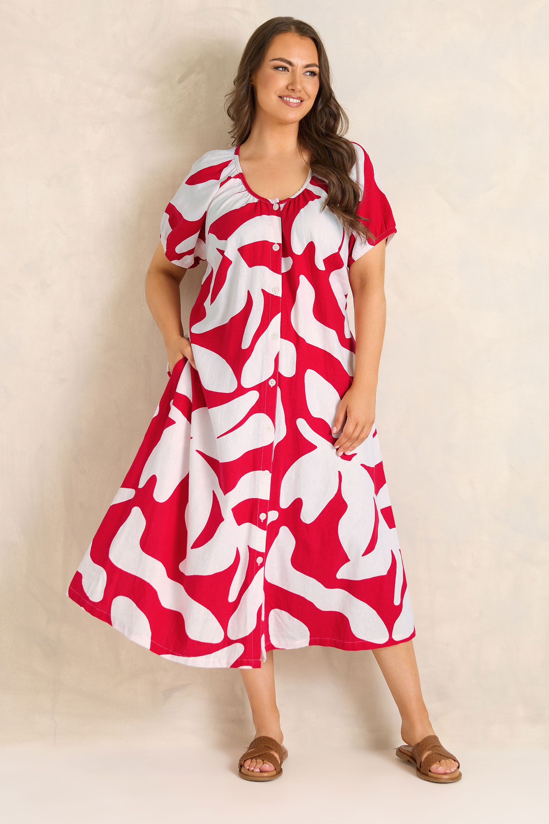 EVANS Plus Size Red Premium Linen Abstract Print Maxi Dress | Evans 2