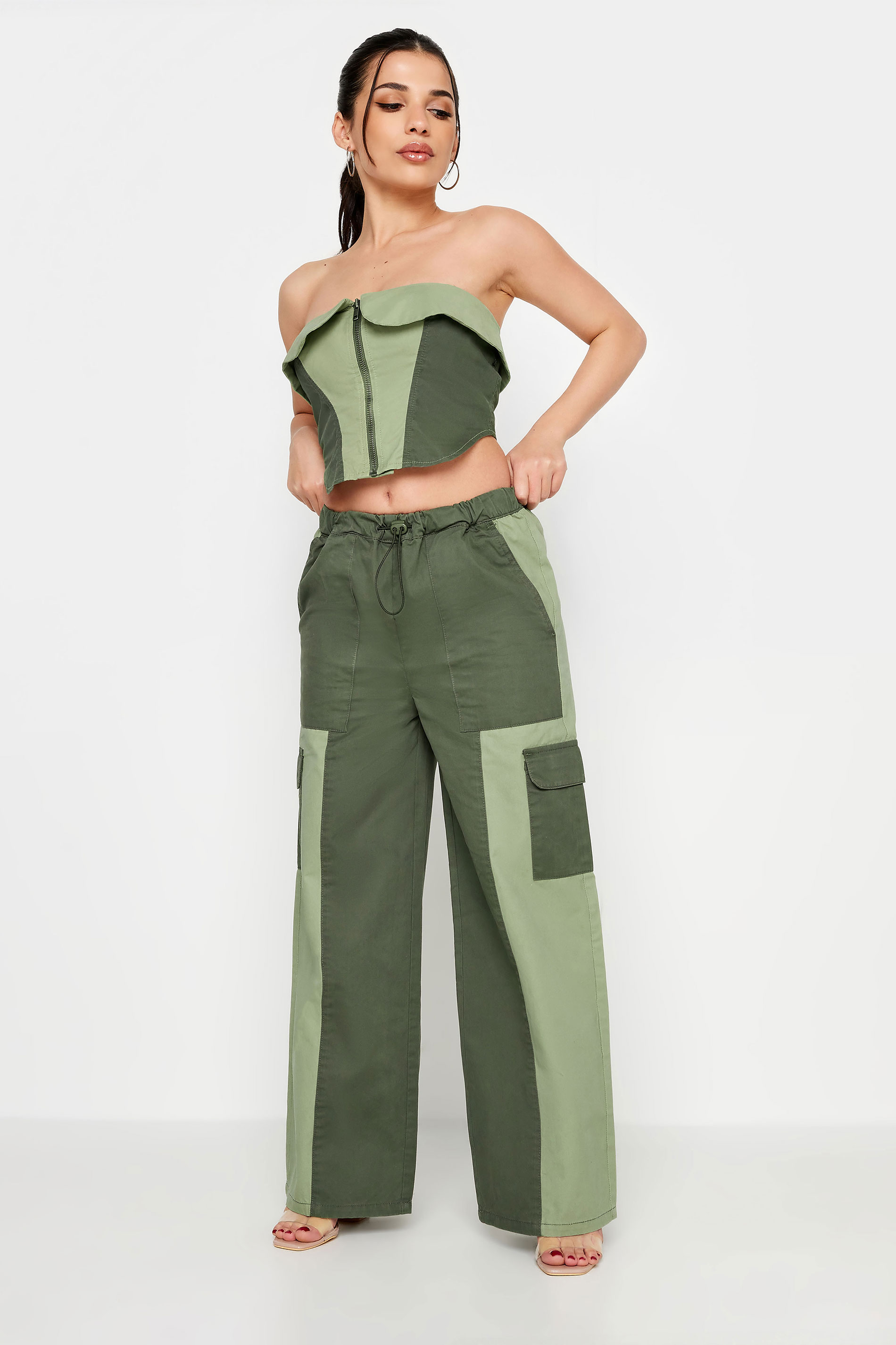 PixieGirl Petite Women's Khaki Green Colourblock Cotton Bandeau Corset Top | PixieGirl 4