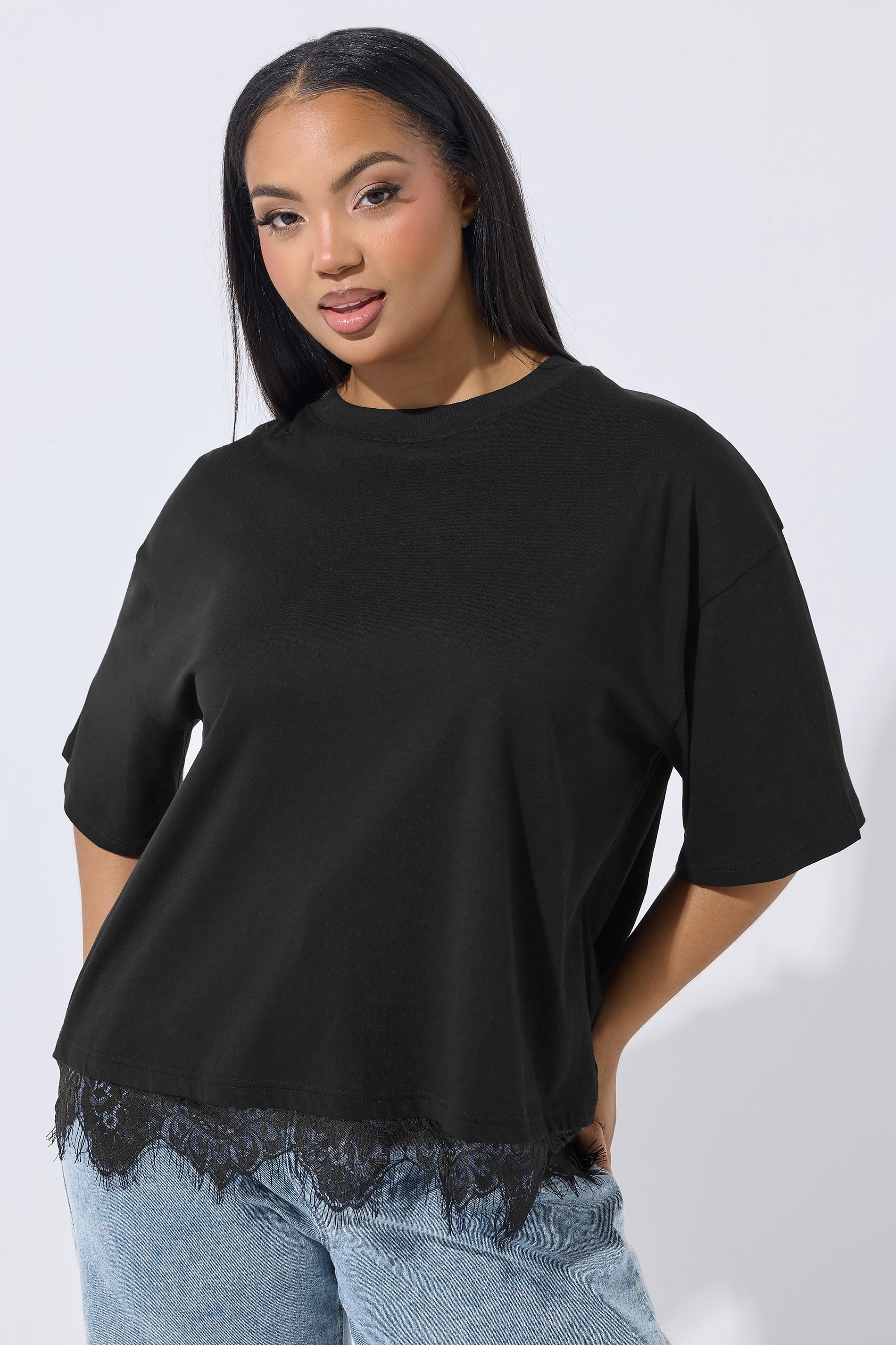 LIMITED COLLECTION Plus Size Black Oversized Lace Hem T-Shirt | Yours Clothing 3