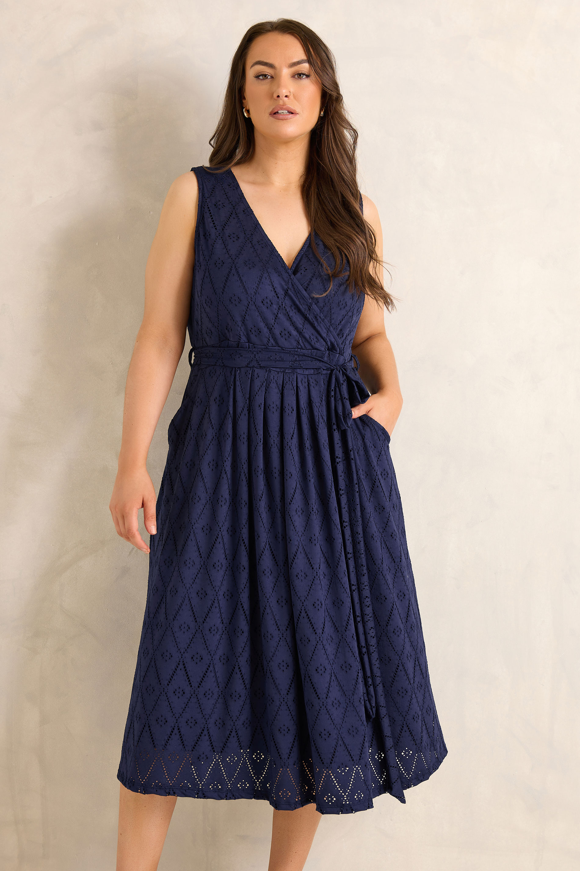 EVANS Plus Size Navy Blue Broderie Wrap Midi Dress | Evans 3