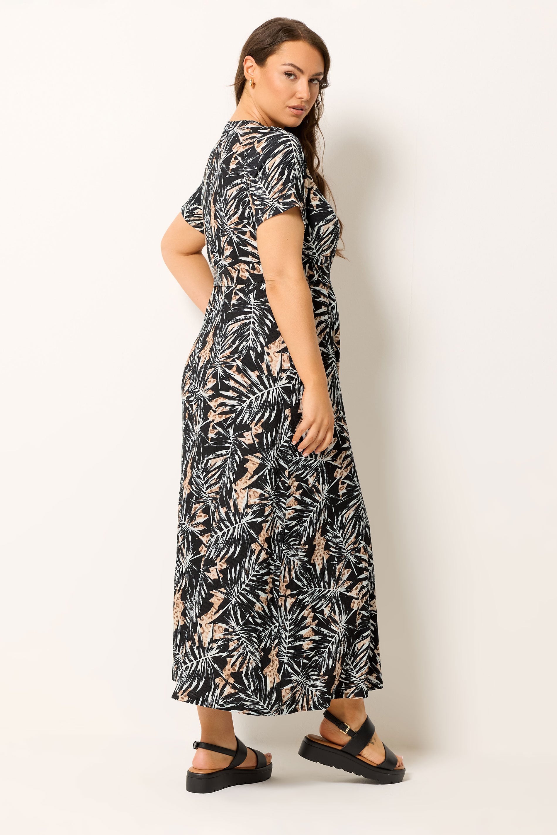 YOURS Plus Size Black Leaf Print Wrap Front Maxi Dress | Yours Clothing 2