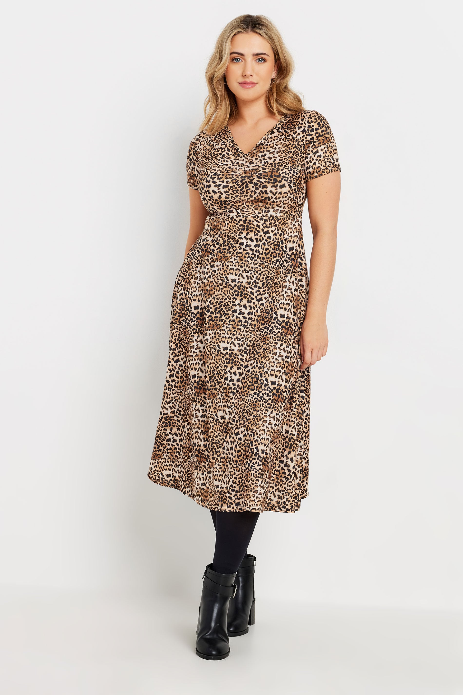 M&Co Brown Leopard Print V-Neck Dress | M&Co 1