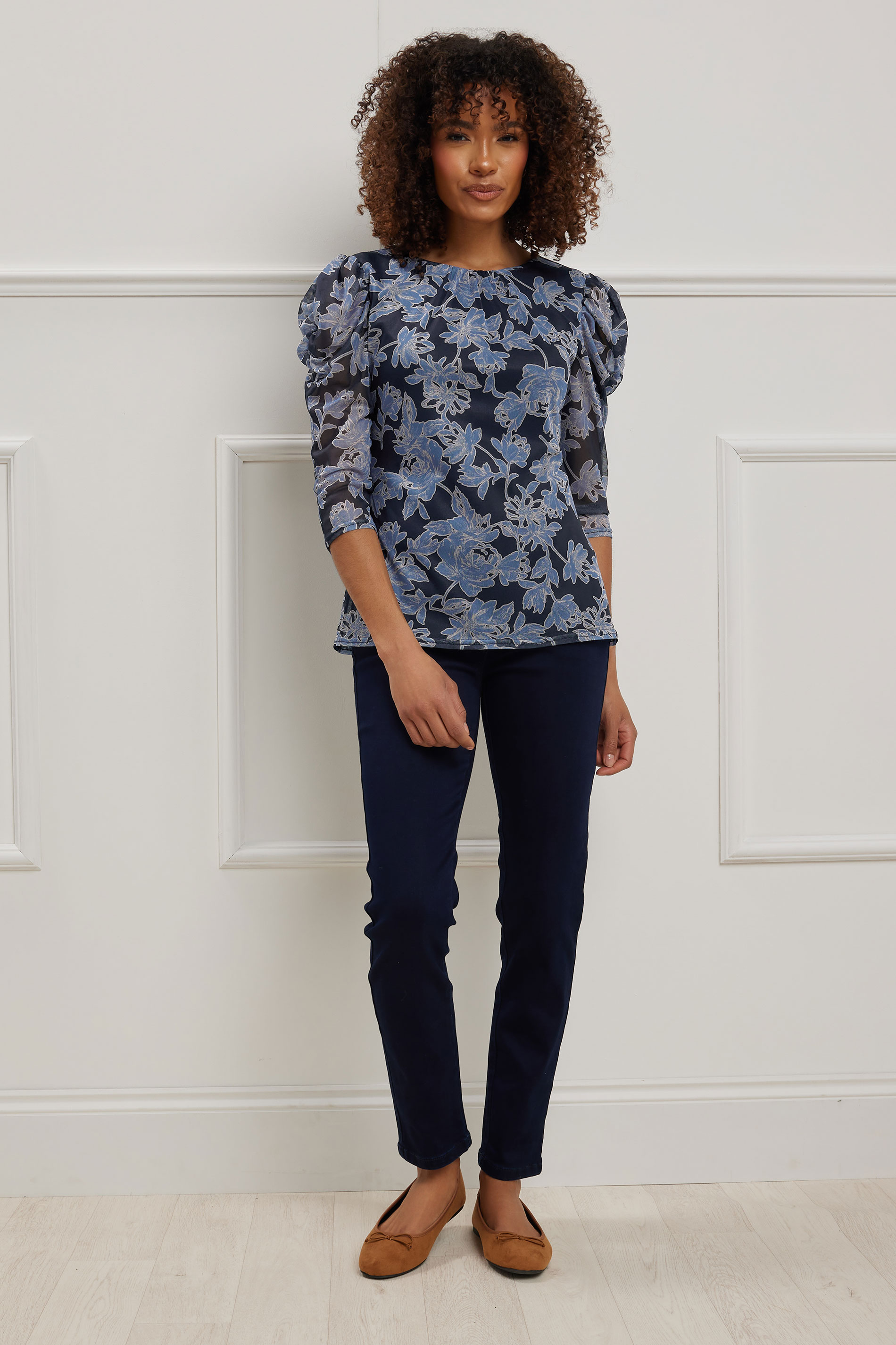 M&Co Navy Blue Floral Print Mesh Ruched Sleeve Top | M&Co 1
