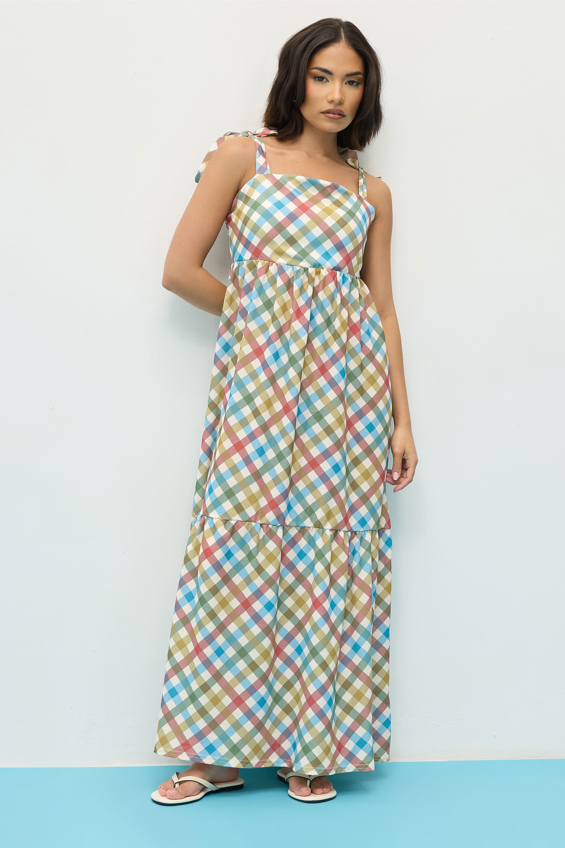 PixieGirl Petite Women's Red Gingham Tie Shoulder Maxi Dress | PixieGirl 1