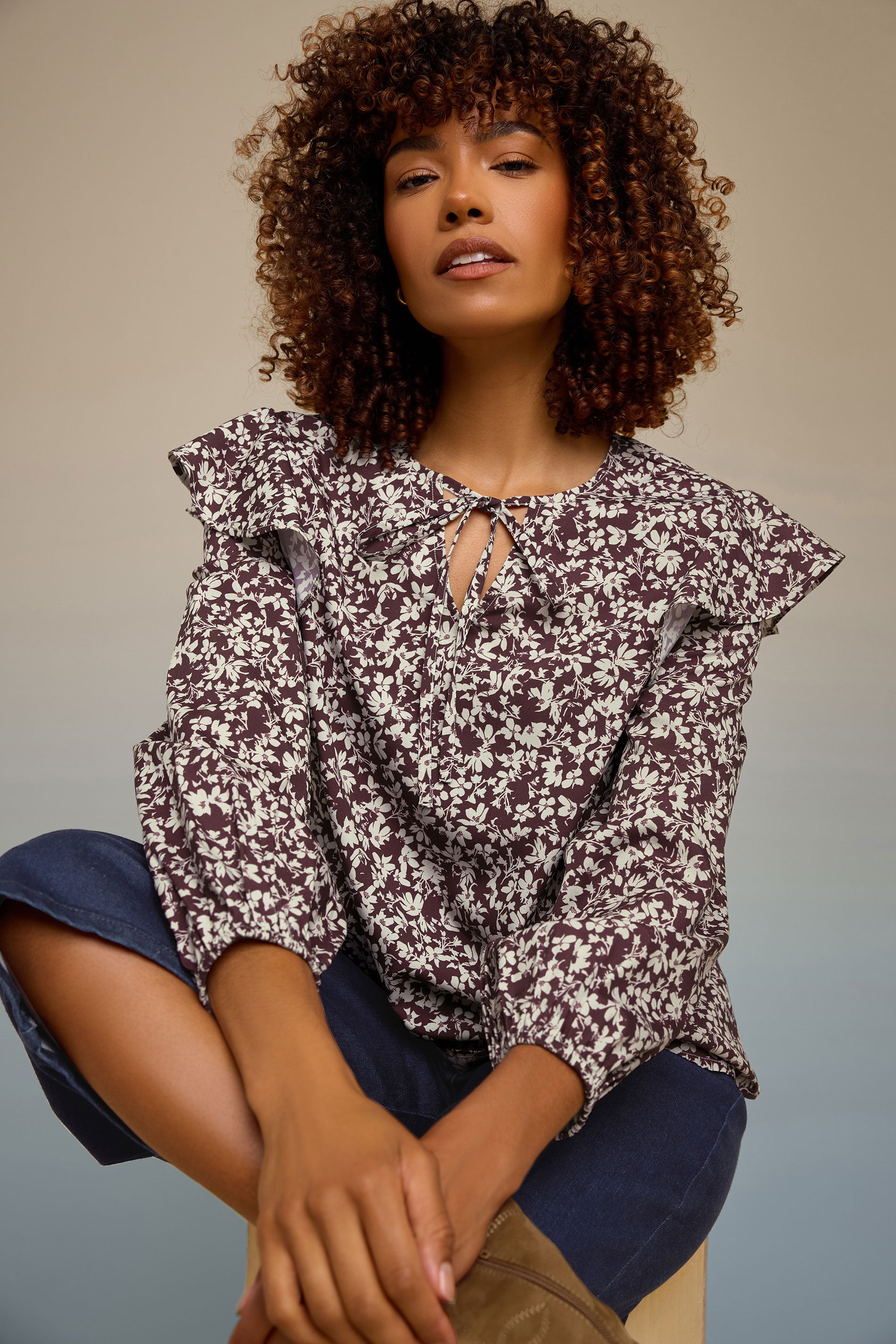 M&Co Berry Purple Floral Print Tie Neck Blouse | M&Co 3
