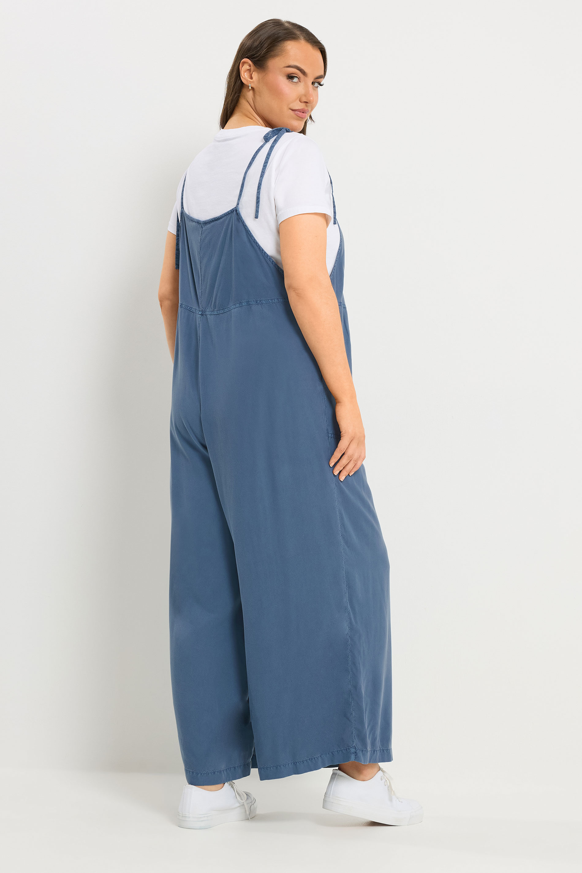 YOURS Plus Size Blue Chambray Wide Leg Dungarees | Yours Clothing 2