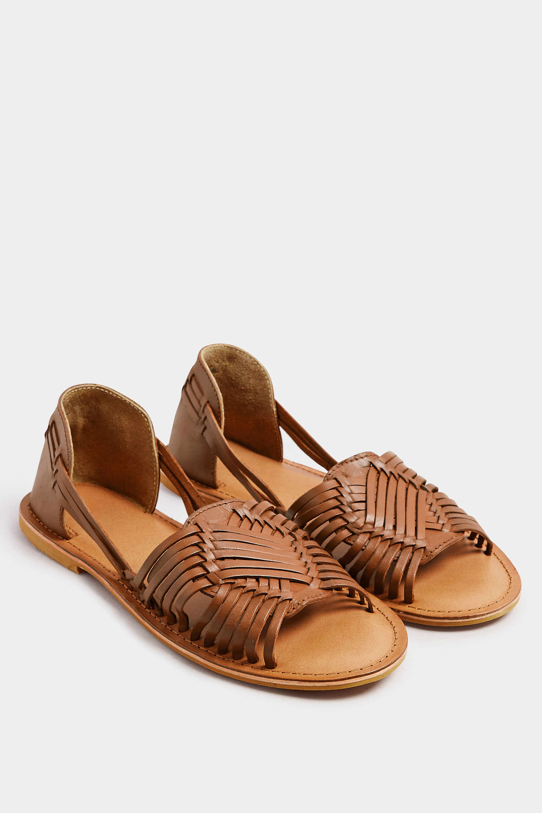 Brown Leather Woven Flat Sandals In Wide E Fit & Extra Wide EEE Fit | Yours Clothing 1