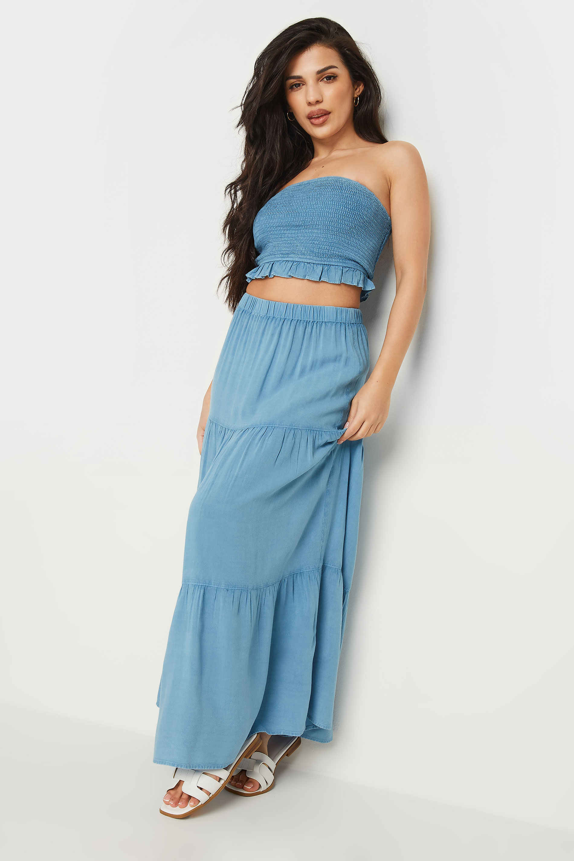 PixieGirl Petite Women's Blue Chambray Shirred Bandeau Top | PixieGirl 1