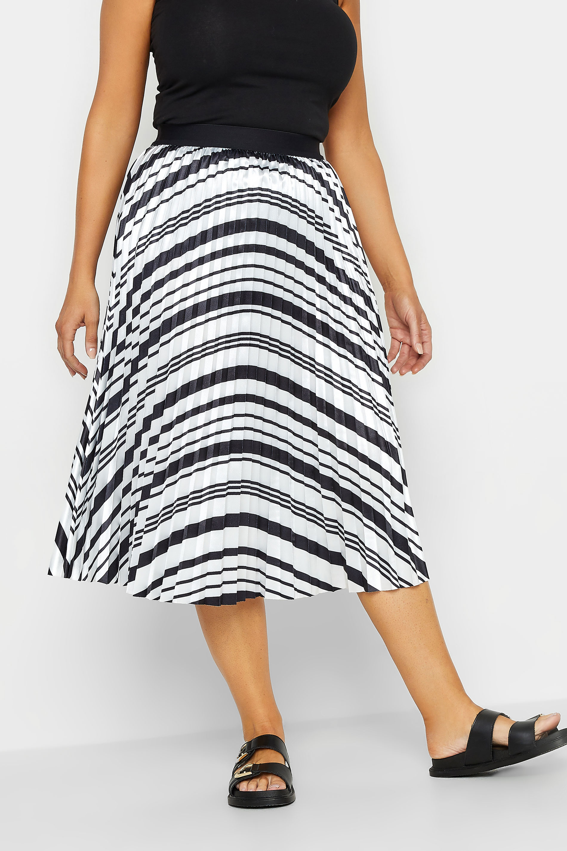 M&Co Black Stripe Print Pleated Midi Skirt | M&Co 1