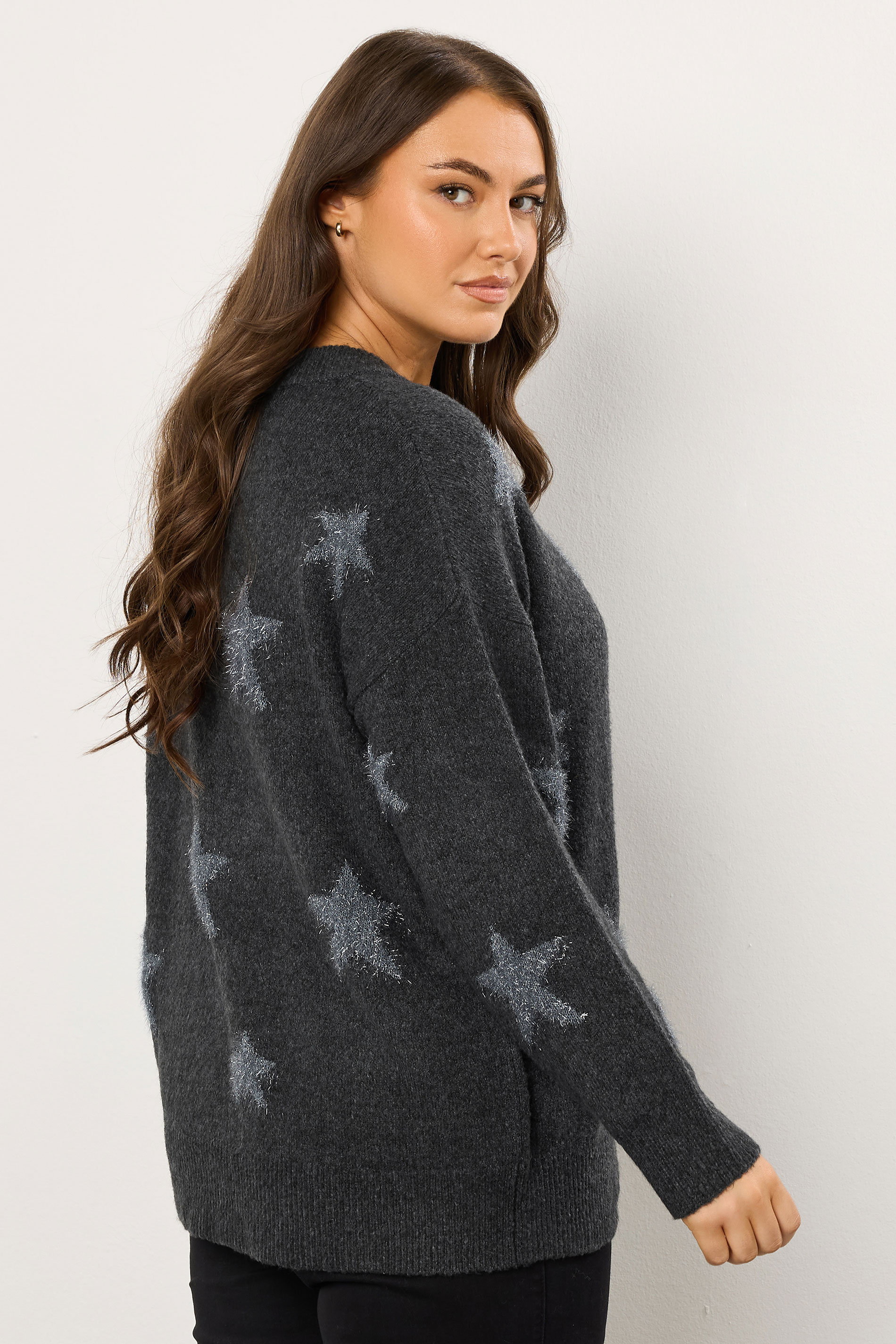 EVANS Plus Size Grey Star Tinsel Detail Jumper | Evans 2