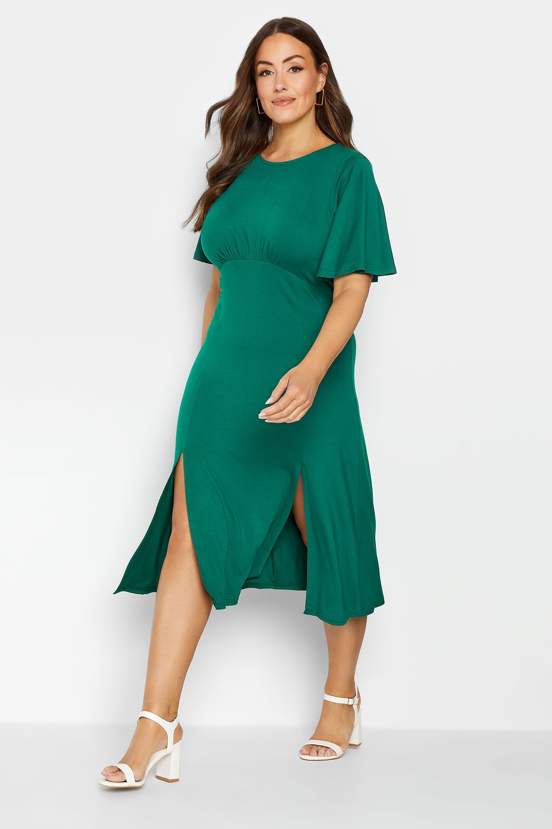 M&Co Forest Green Angel Sleeve Split Hem Midi Dress | M&Co 1