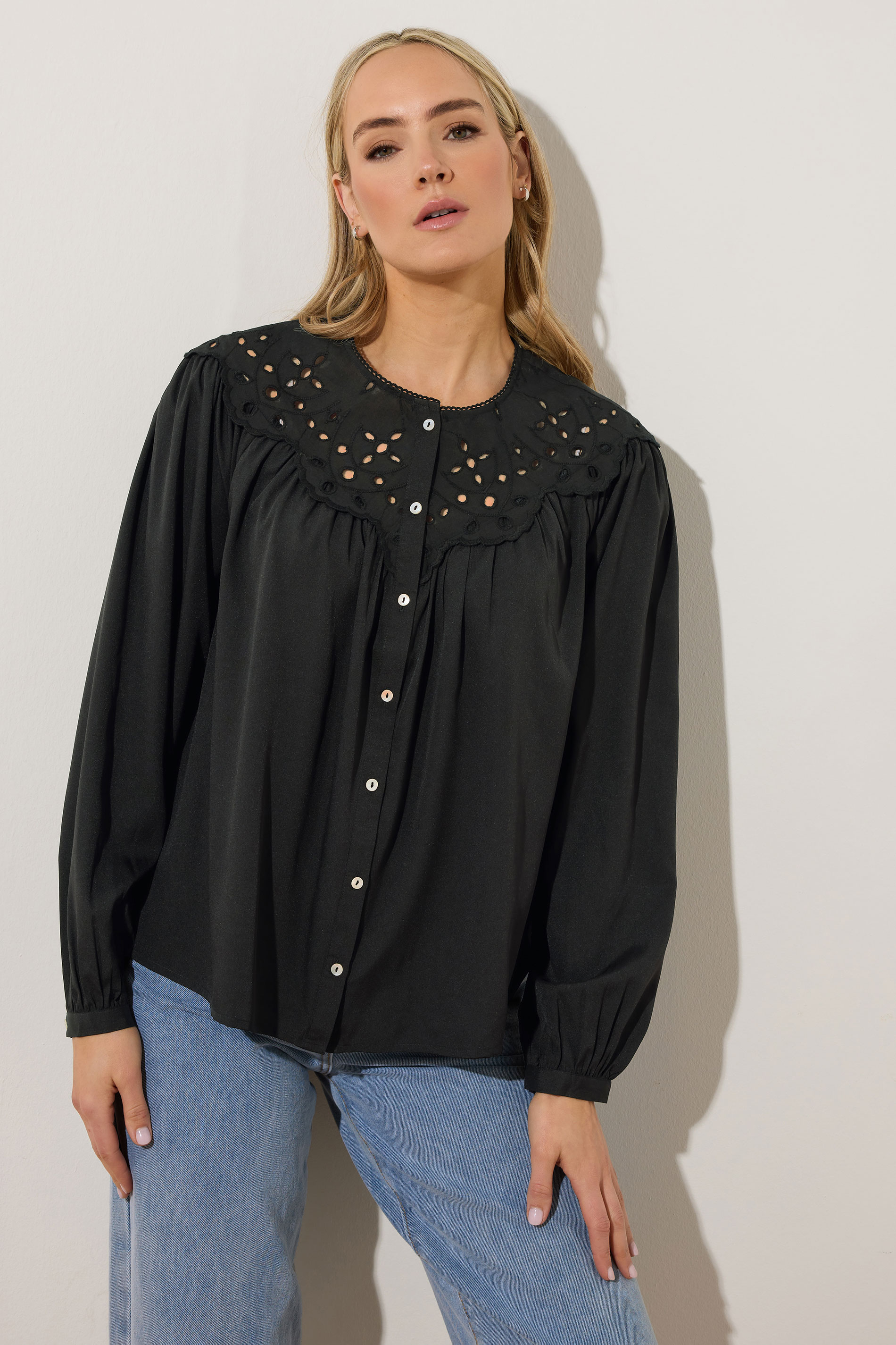 LTS Tall Black Woven Broderie Bib Blouse | Long Tall Sally 1