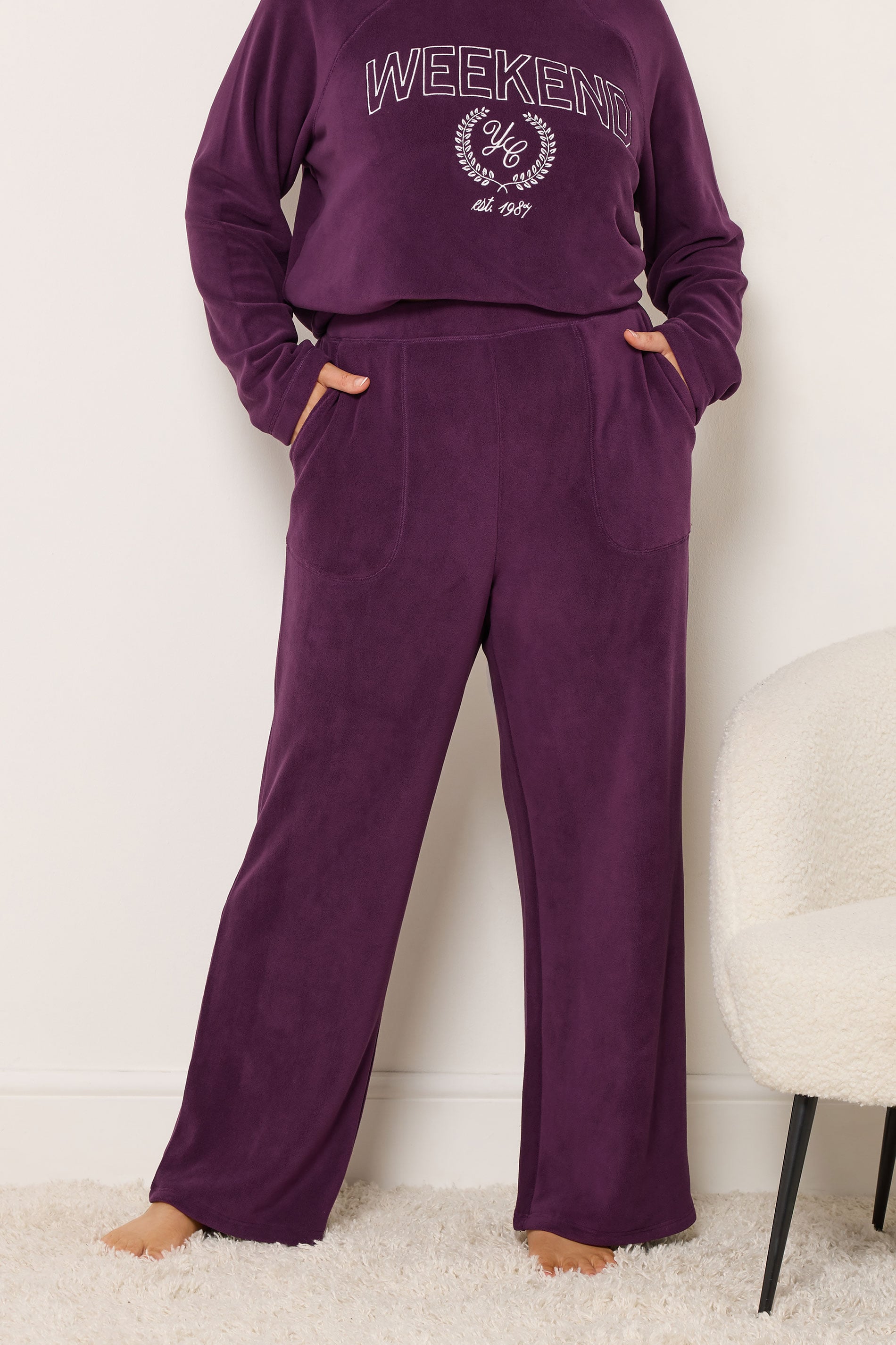 YOURS Plus Size Burgundy Red Wide Leg Fleece Trousers | Yours Clothing 3
